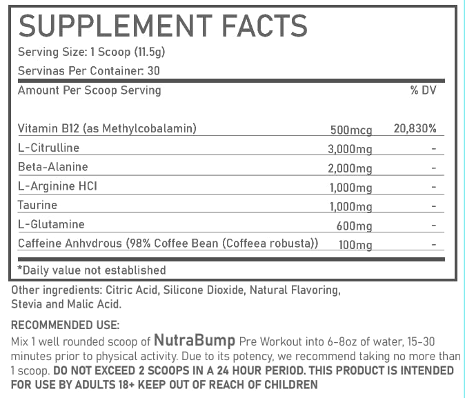 PINK NUTRABUMP Pre‑Workout fraise kiwi — liste d'ingrédients clairs et transparents.