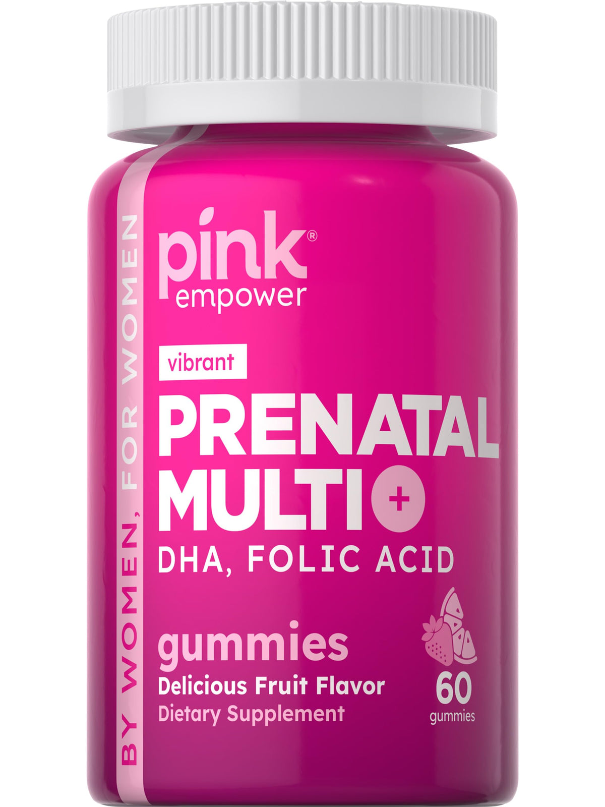 PINK Prenatal Gummies bouteille: format pratique avec DHA et acide folique.