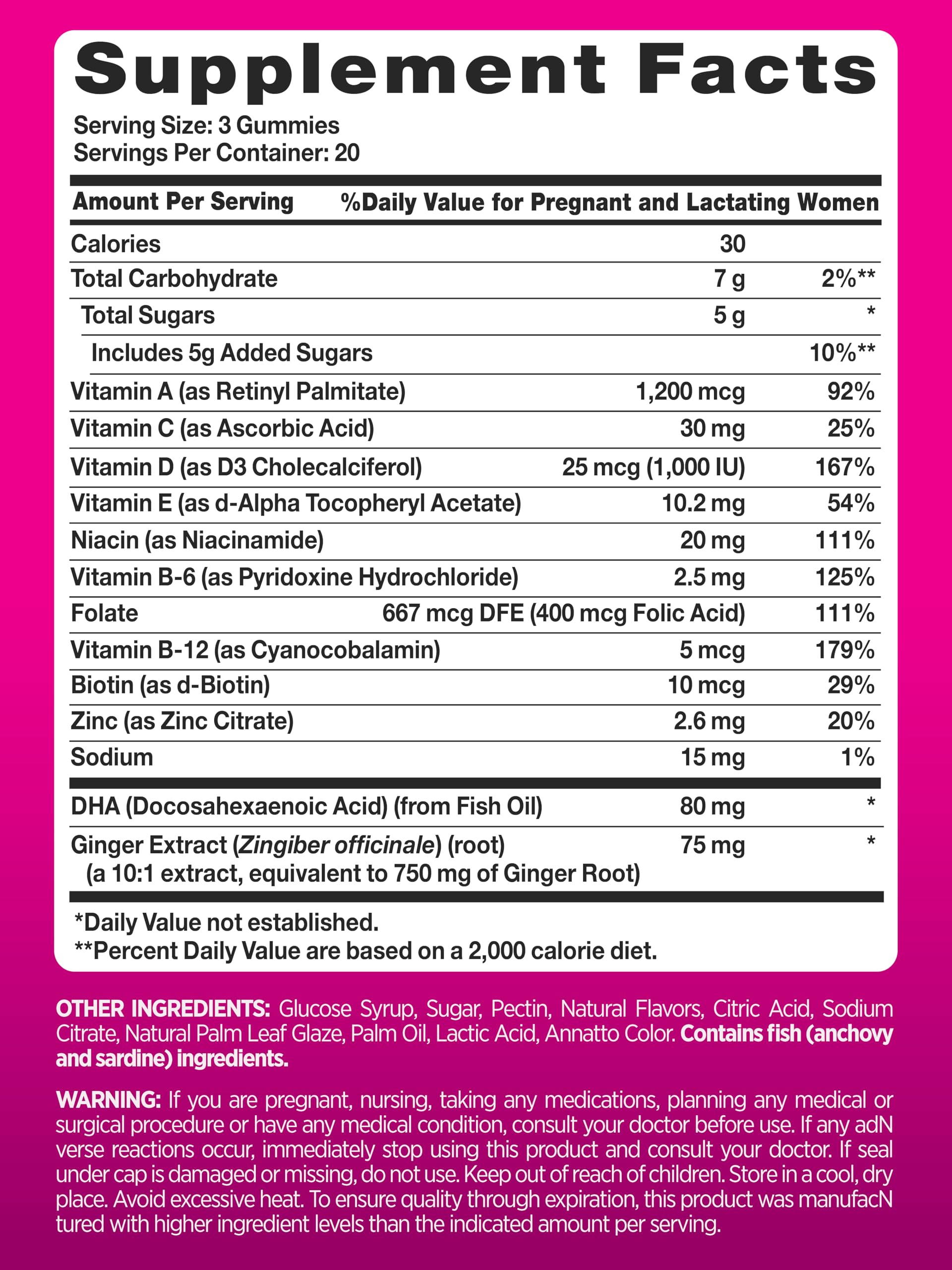 PINK Prenatal Gummies gros plan sur les bonbons: saveur fruits et texture agréable.