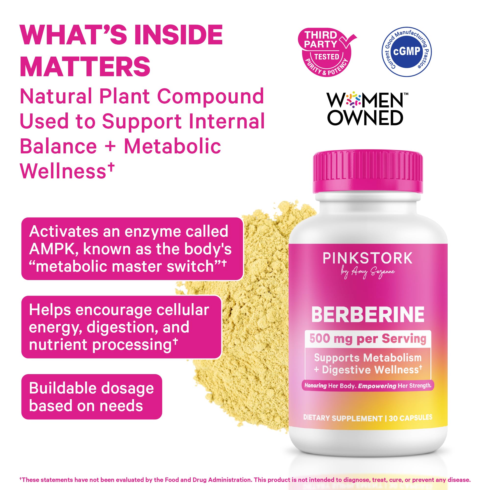 Capsules végétales Pink Stork Berberine 500mg pour une routine digestive apaisante.