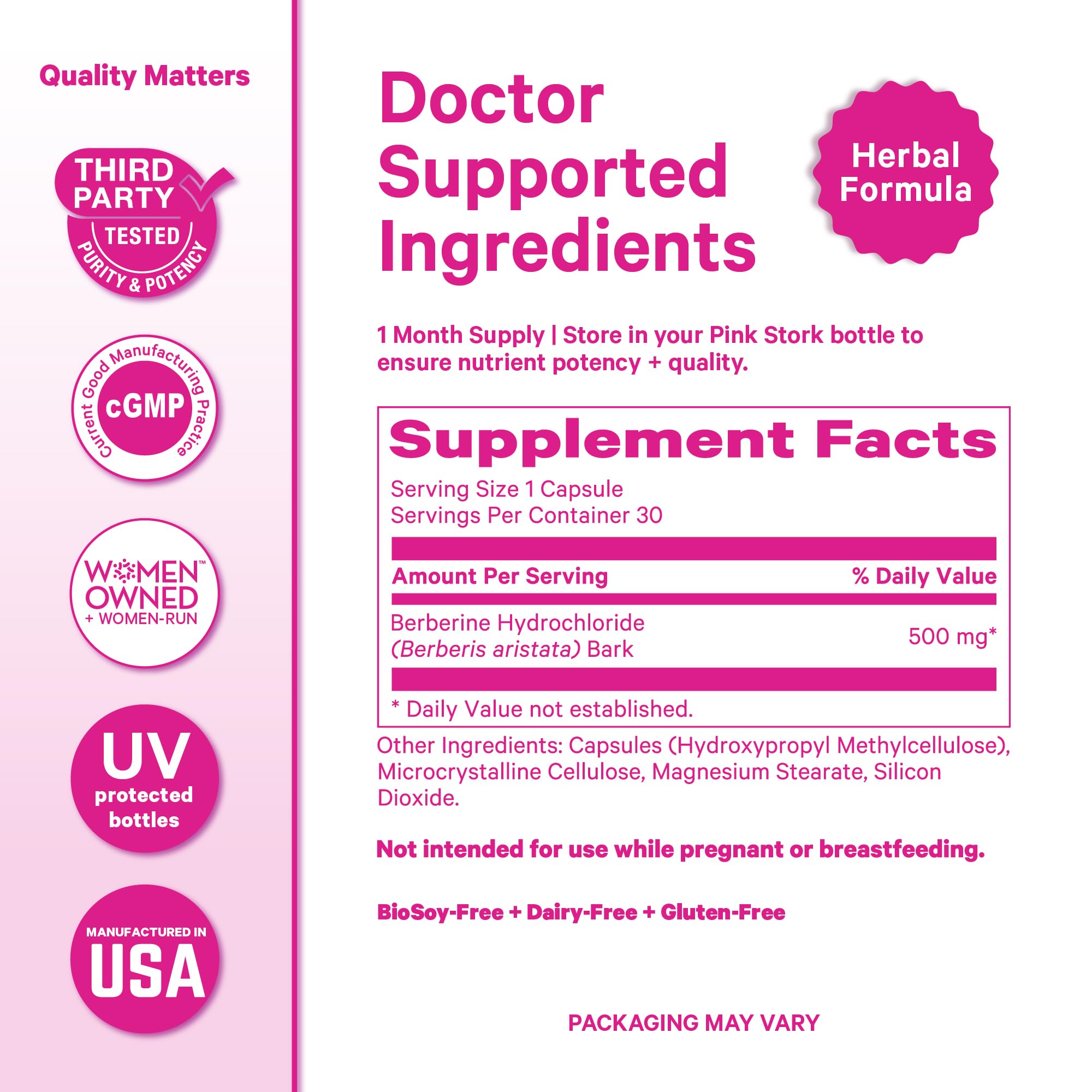 Dose quotidienne Pink Stork Berberine 500mg, prise simple et régulière.