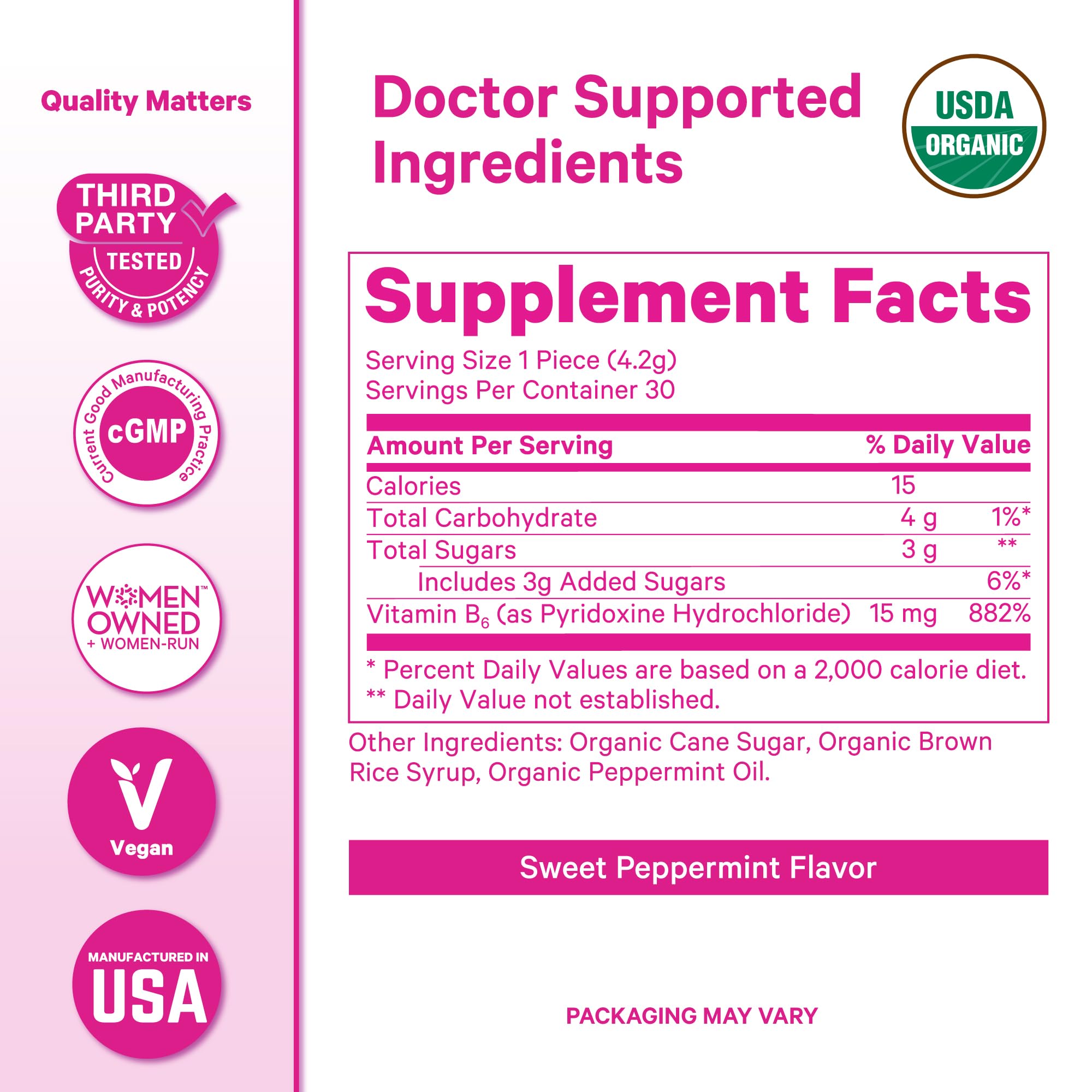 Bonbons B6 menthe Pink Stork, vitamine B6 incluse pour la digestion.