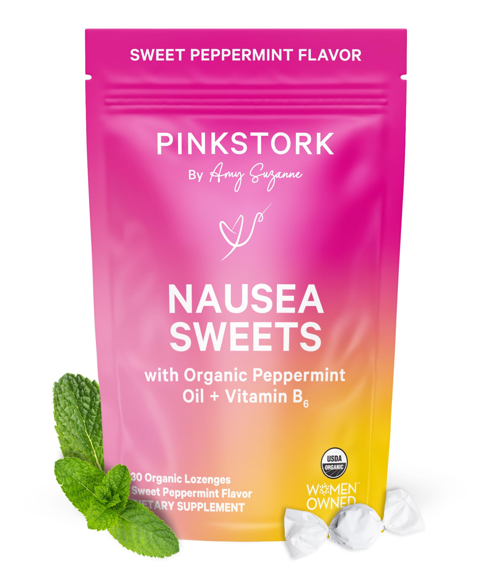 Pink Stork bonbons menthe bio, soutien potentiel au confort digestif pendant la grossesse.