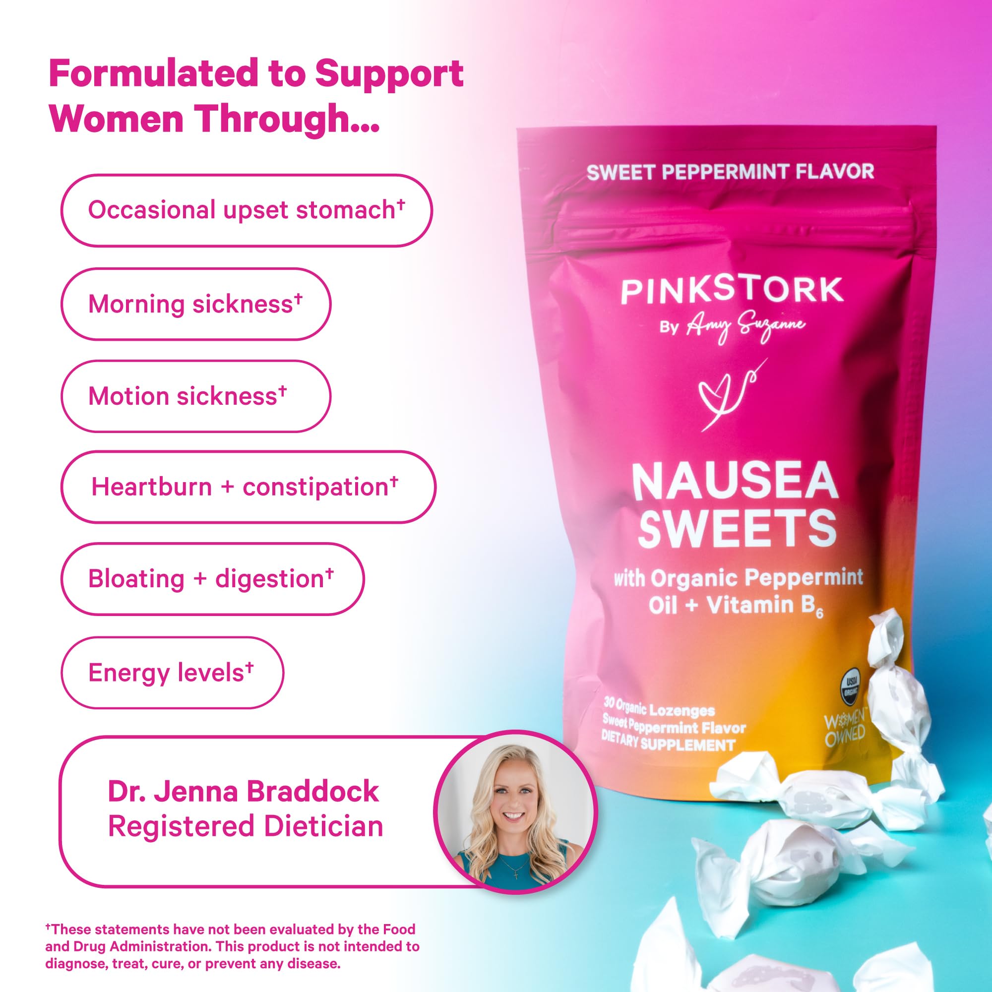 Bonbons nausées Pink Stork menthe, aide potentielle contre les nausées.