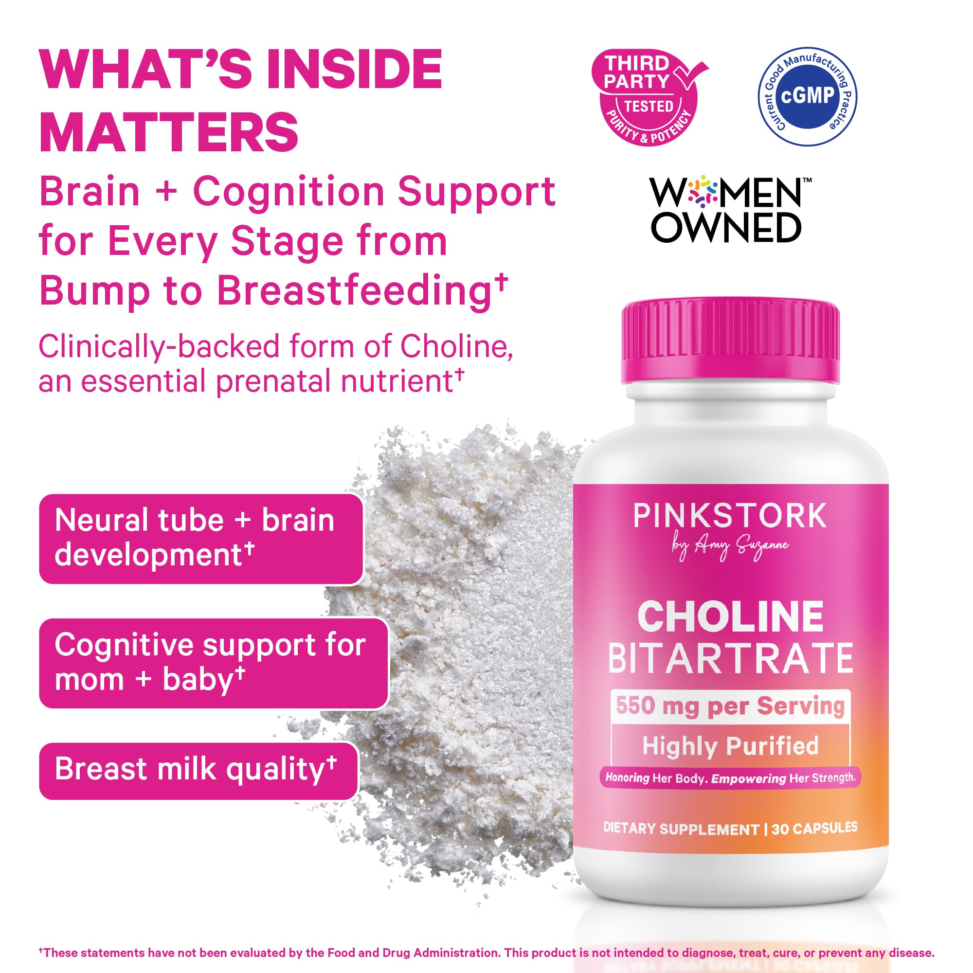 Pink Stork Choline – Capsule 550 mg en gros plan, dosage pratique.