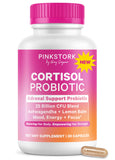 Vue de la bouteille Pink Stork Cortisol Probiotic et capsules, soutien potentiel du stress et de l'énergie.