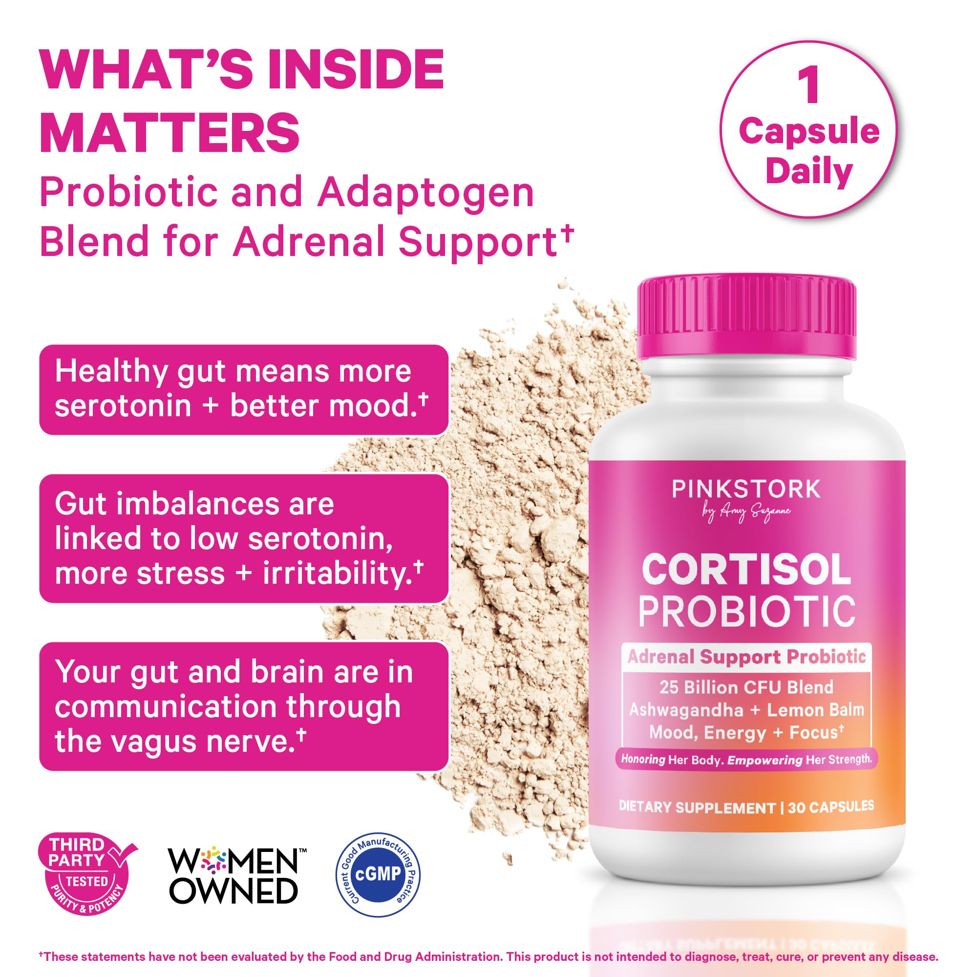 Capsules Pink Stork Cortisol Probiotic en prise, mise en avant d'un mode de vie équilibré.