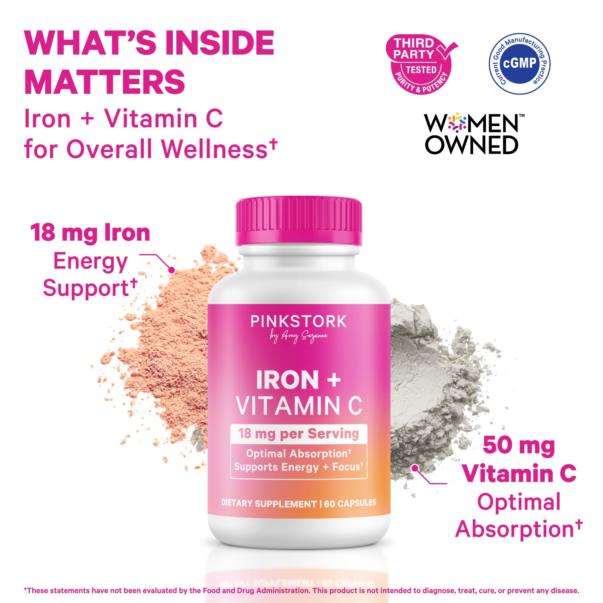Pink Stork Fer 18 mg, gélules faciles a digérer et absorption.