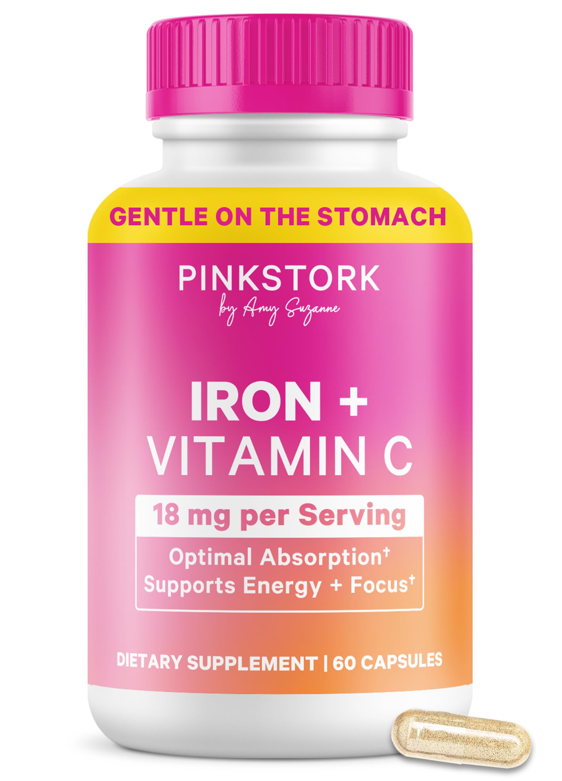 Pink Stork Fer pour femmes, bouteille de gélules, énergie et concentration.