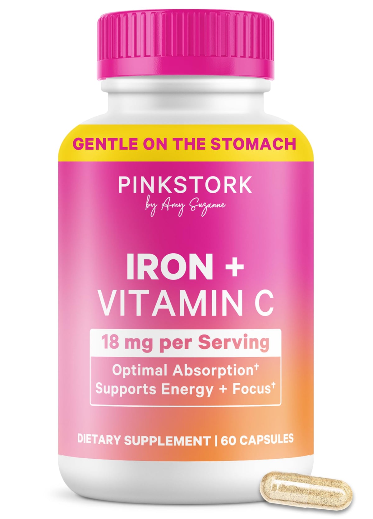 Pink Stork Fer pour femmes, bouteille de gélules, énergie et concentration.