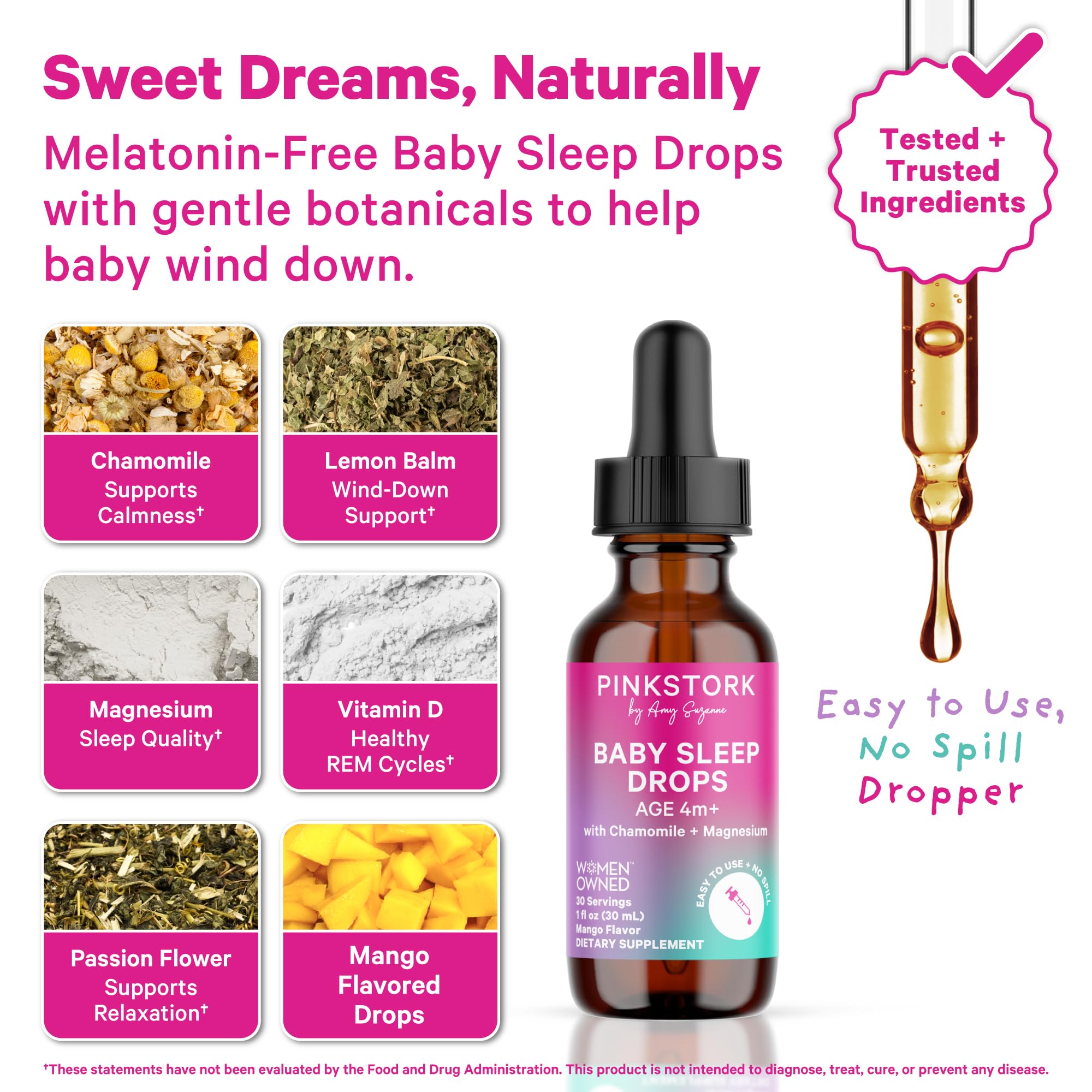 Pipette Pink Stork Sommeil bébé prête à l’emploi pour dosage précis.
