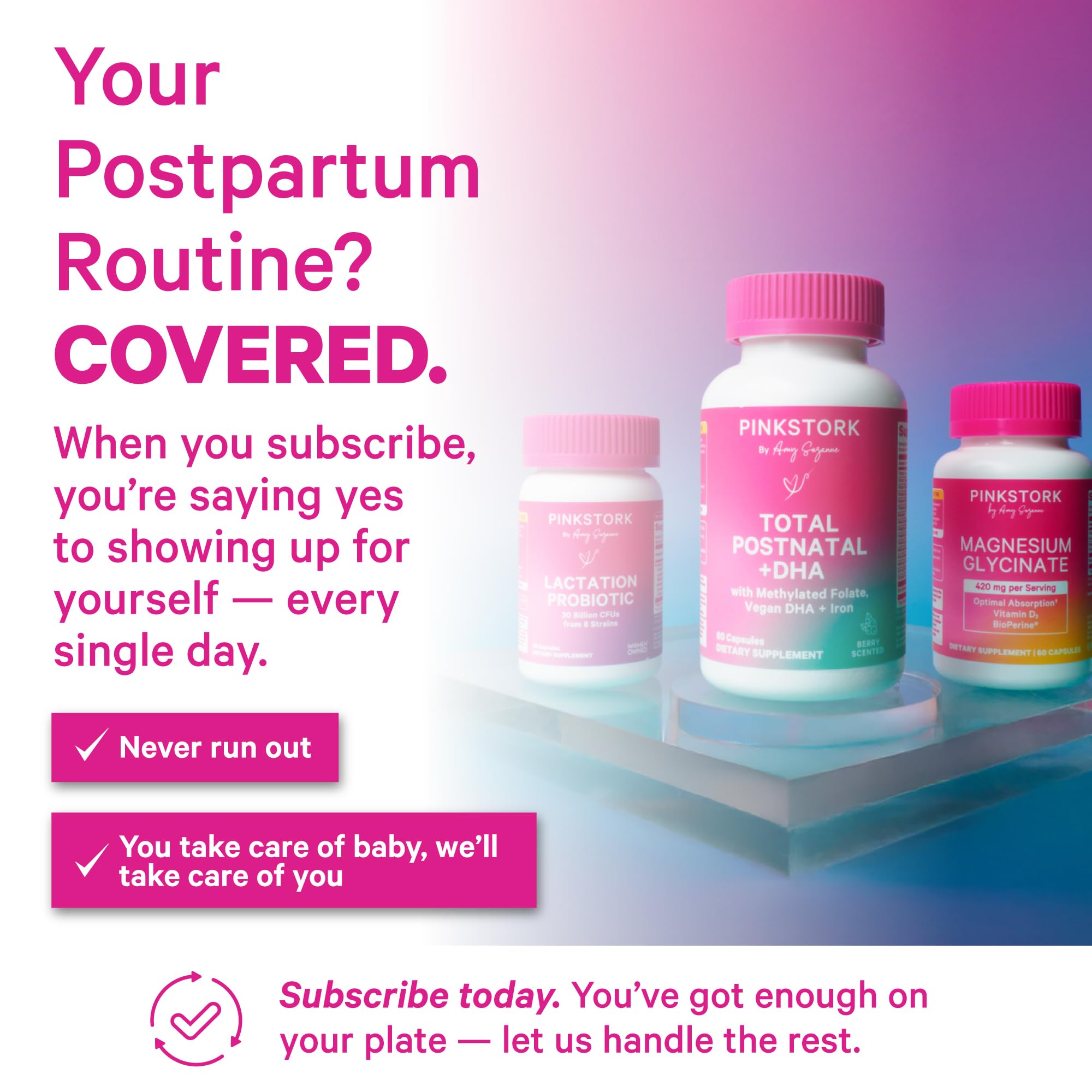 Boîte Pink Stork Lactation Probiotics ouverte, utilisation simple au quotidien.