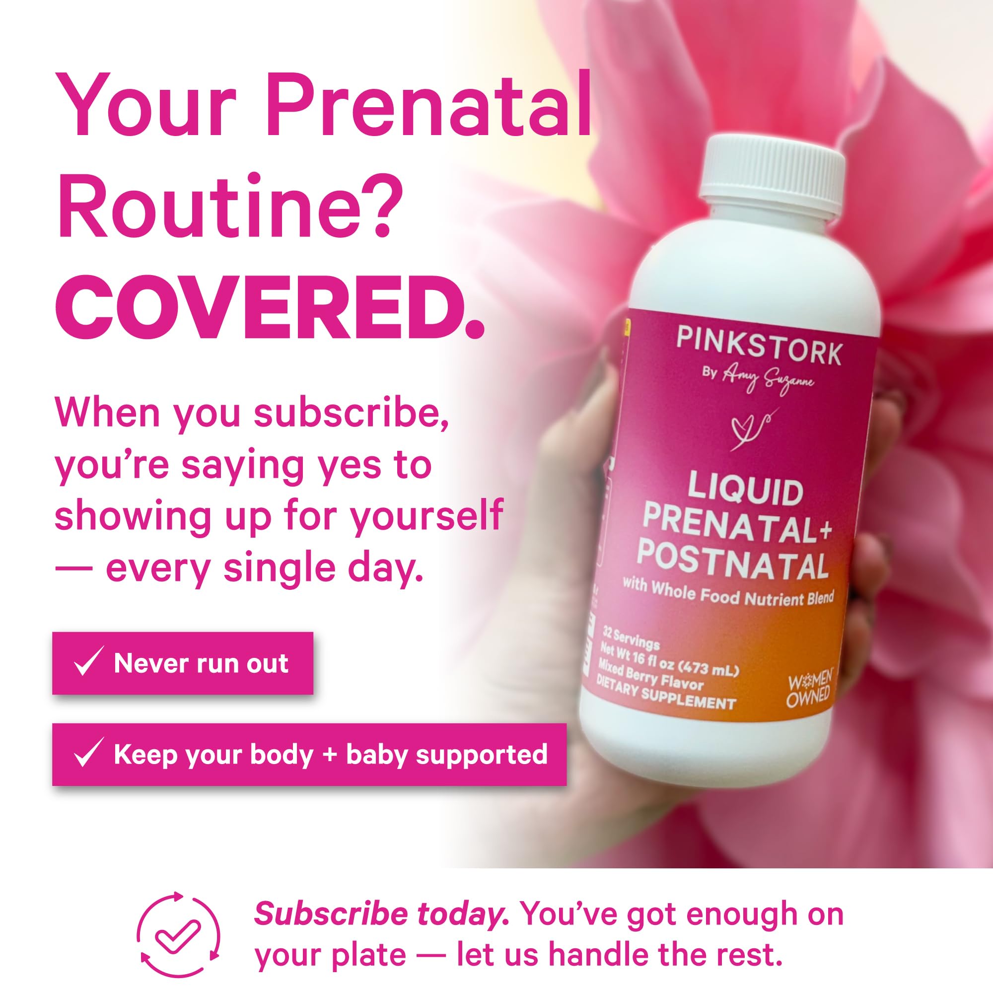 Cuillère-dose Pink Stork Liquid Prenatal prête à l'emploi, mesure fiable
