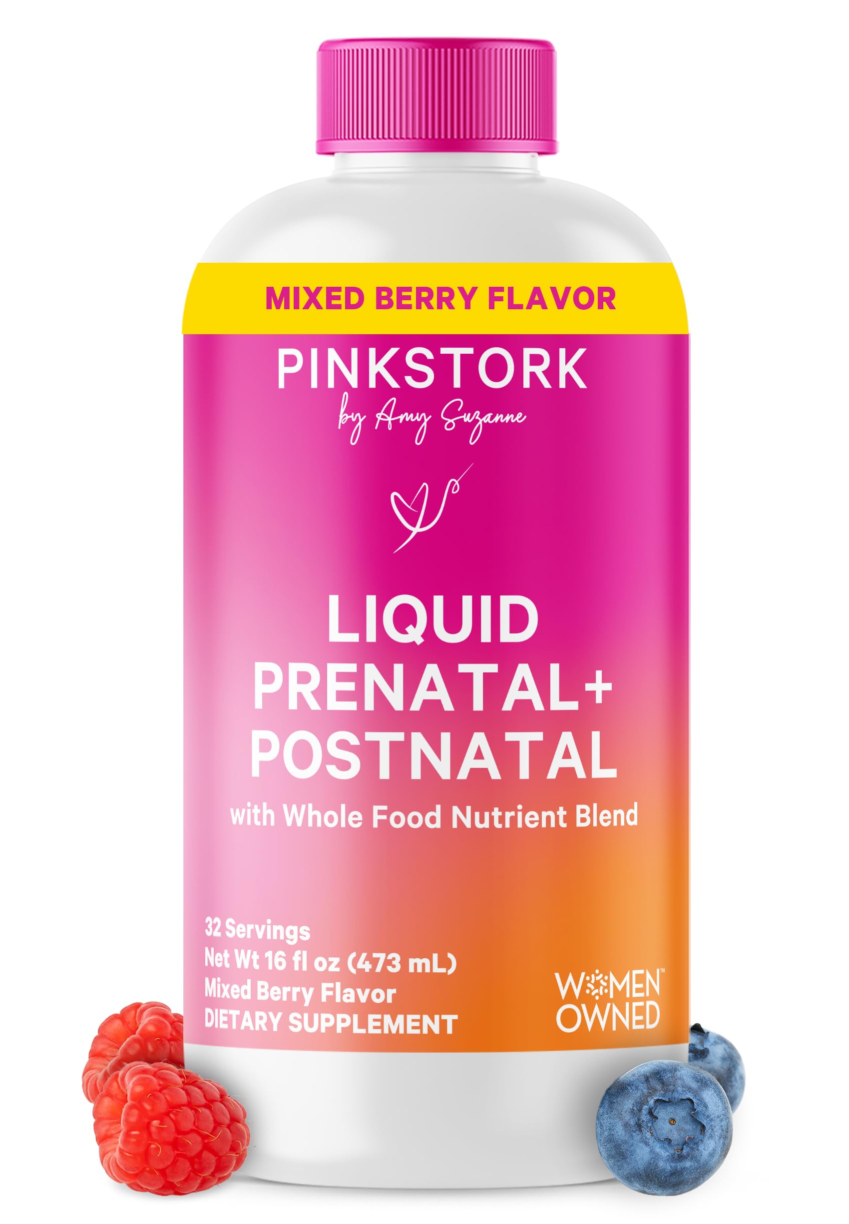 Flacon Pink Stork Liquid Prenatal sur étagère, soutien nutritionnel quotidien