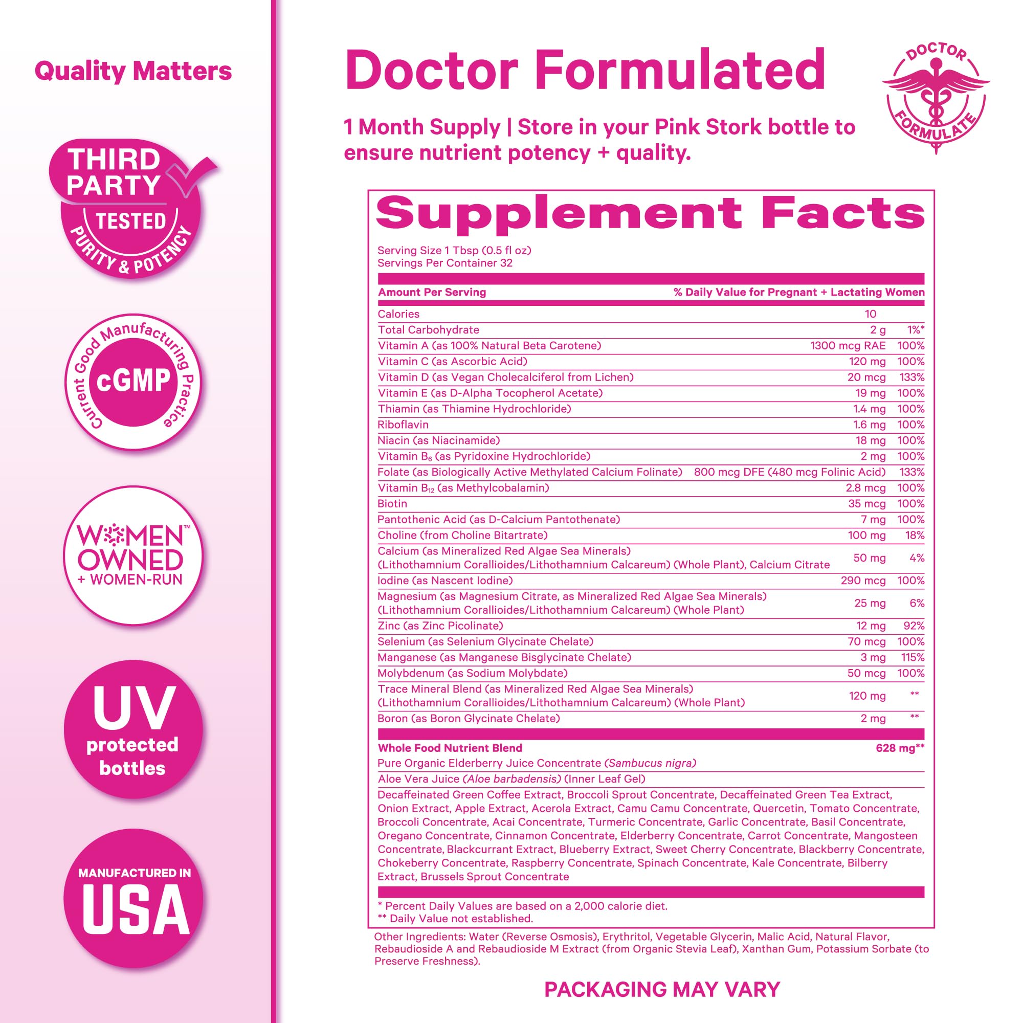 Étiquette sans gluten et sans OGM sur Pink Stork Liquid Prenatal