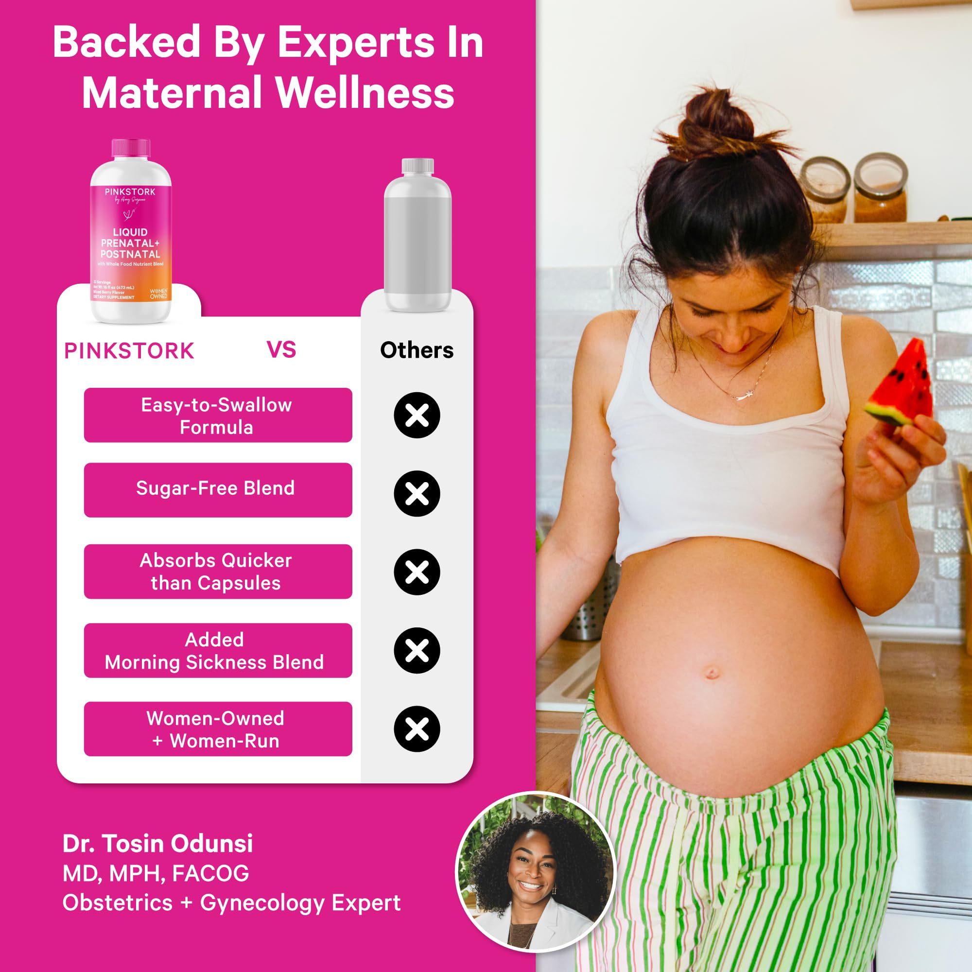 Goût framboise Pink Stork Liquid Prenatal, agréable à prendre quotidiennement
