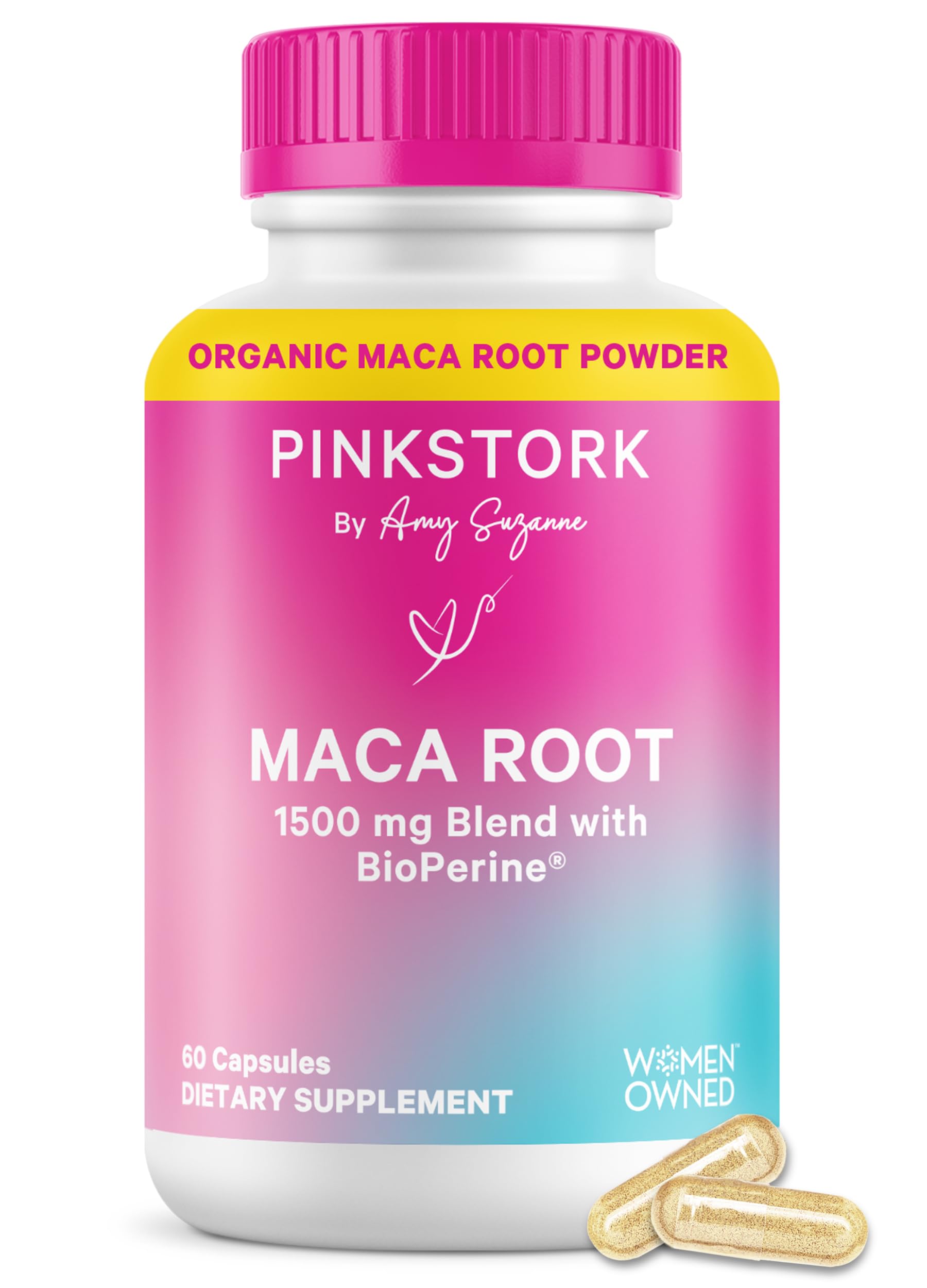 Pink Stork Maca Root – Bouteille de capsules, soutien potentiel à l’équilibre hormonal et énergie quotidienne.