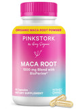 Pink Stork Maca Root – Bouteille de capsules, soutien potentiel à l’équilibre hormonal et énergie quotidienne.