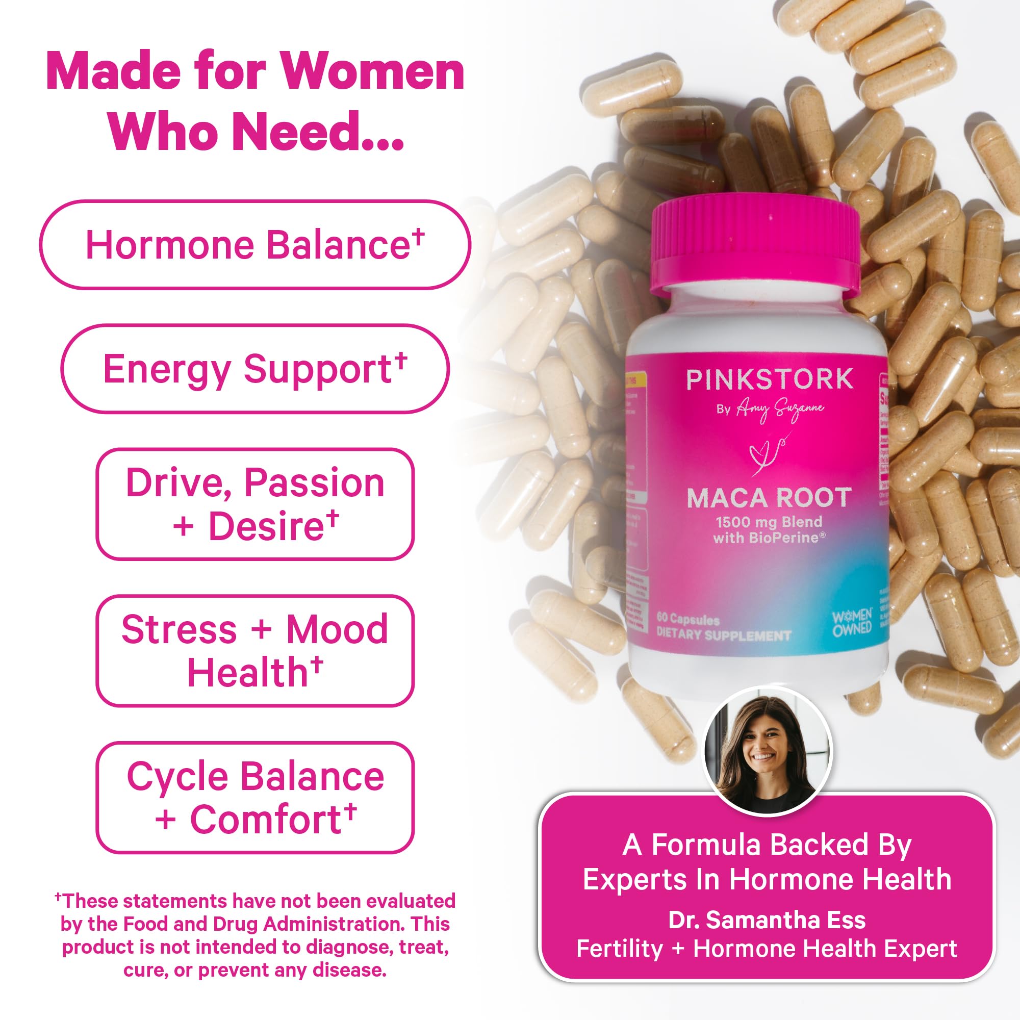 Pink Stork Maca Root – Emballage affichant la traçabilité et l’attention à la qualité.