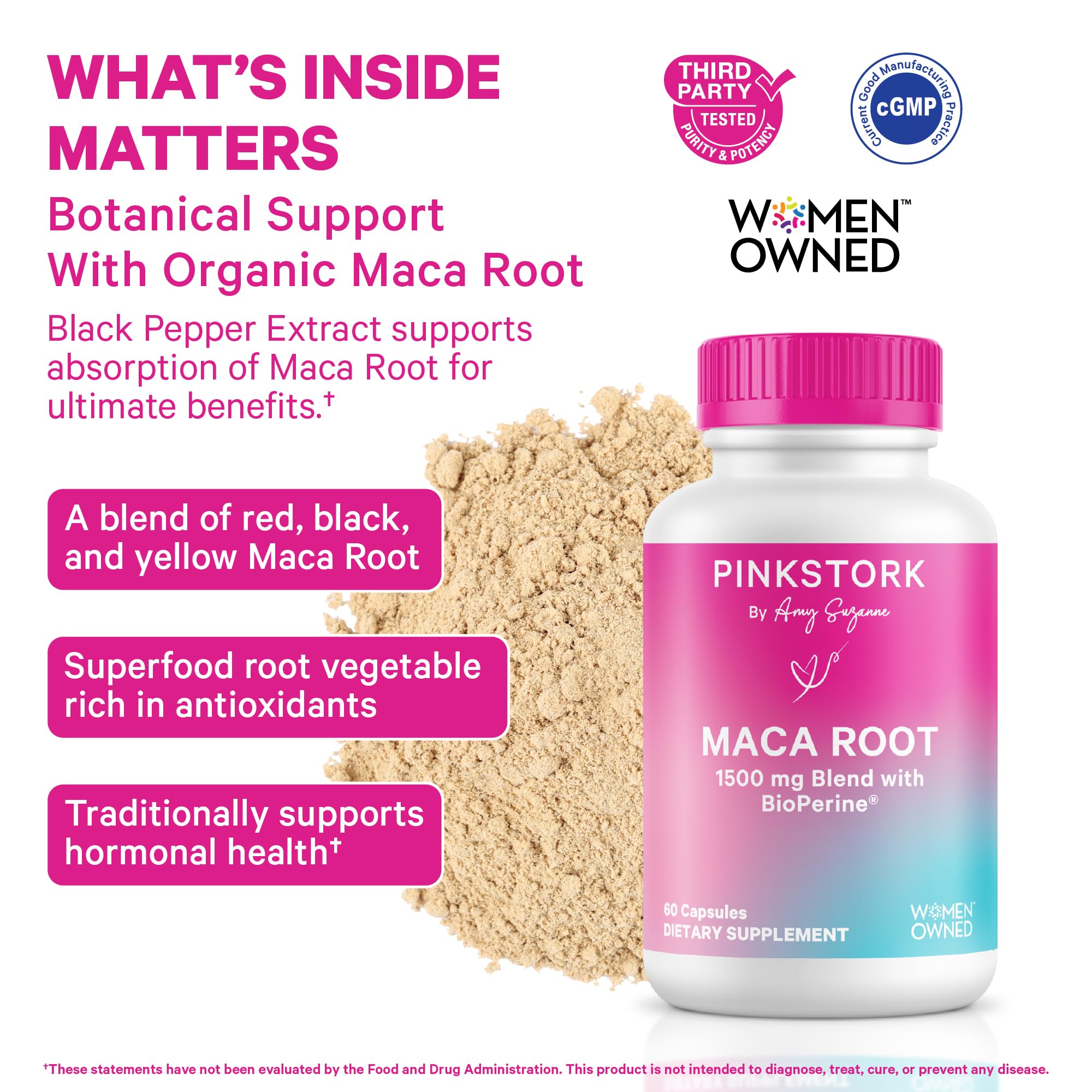Pink Stork Maca Root – Capsules ouvertes pour inspection de texture naturelle et consommation aisée.