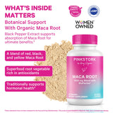 Pink Stork Maca Root – Capsules ouvertes pour inspection de texture naturelle et consommation aisée.