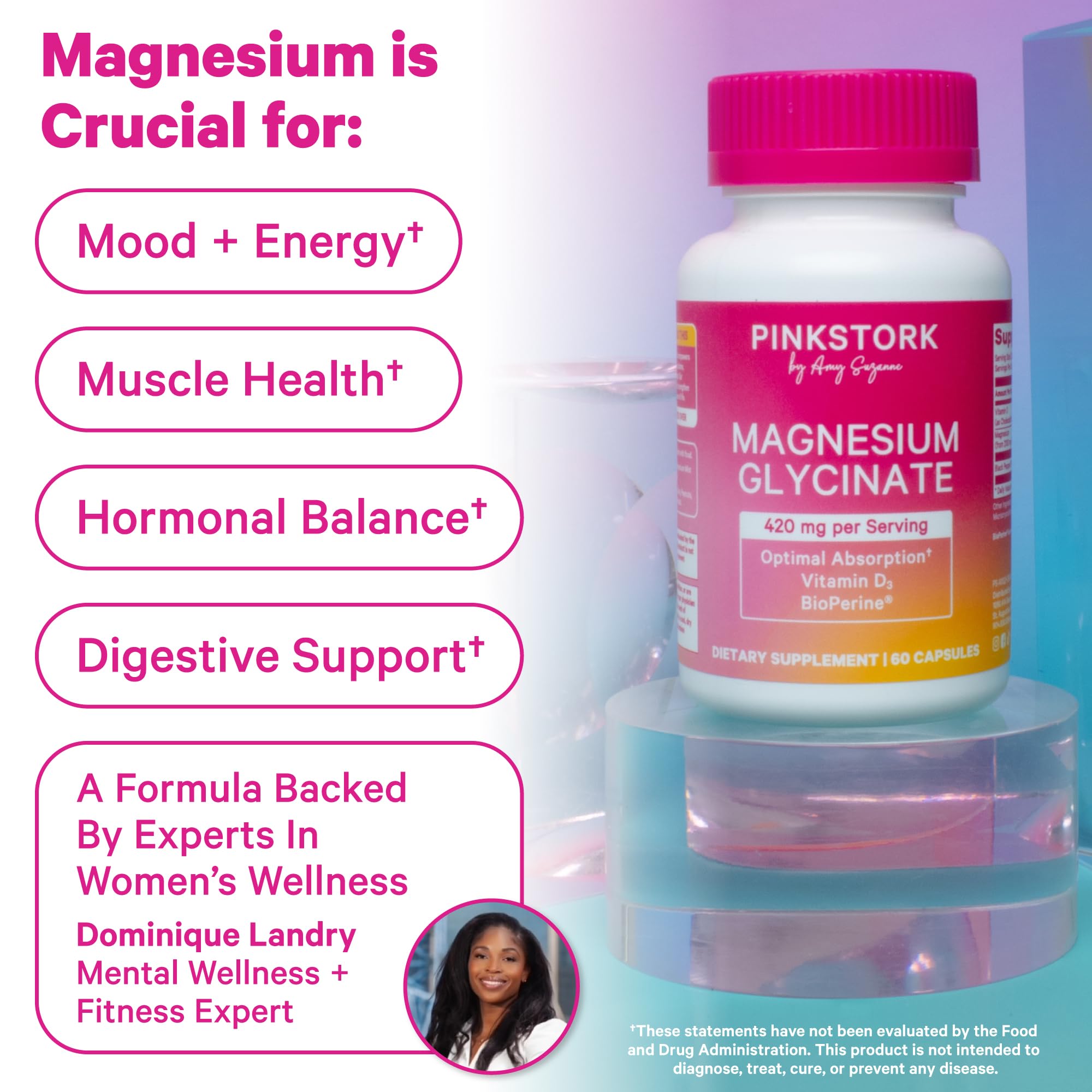 Pink Stork Magnesium Glycinate - bouteille ouverte, capsules prêtes à consommer rapidement.