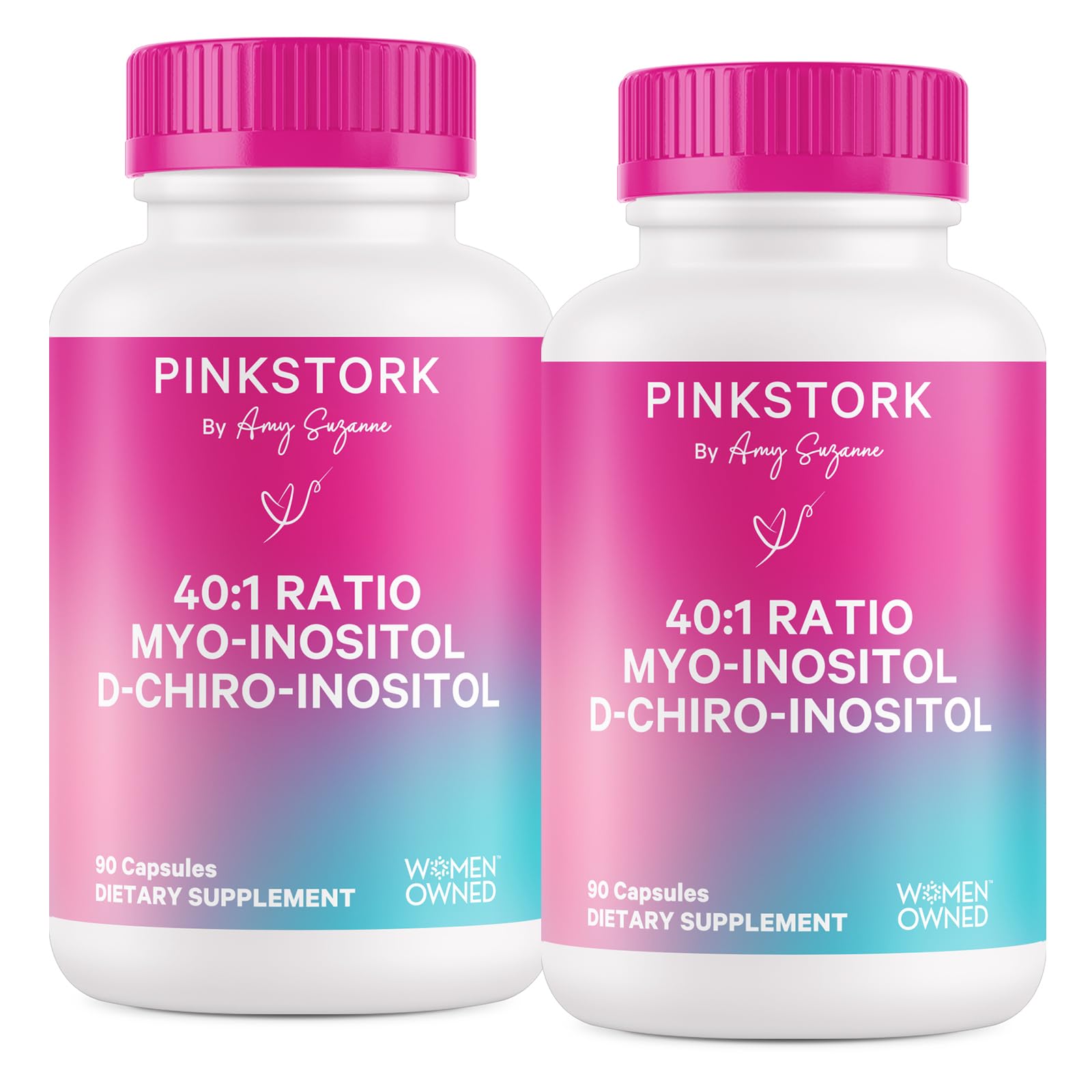 Pink Stork Myo-inositol et D-chiro-inositol — Bouteille de capsules pour soutenir l'équilibre hormonal.
