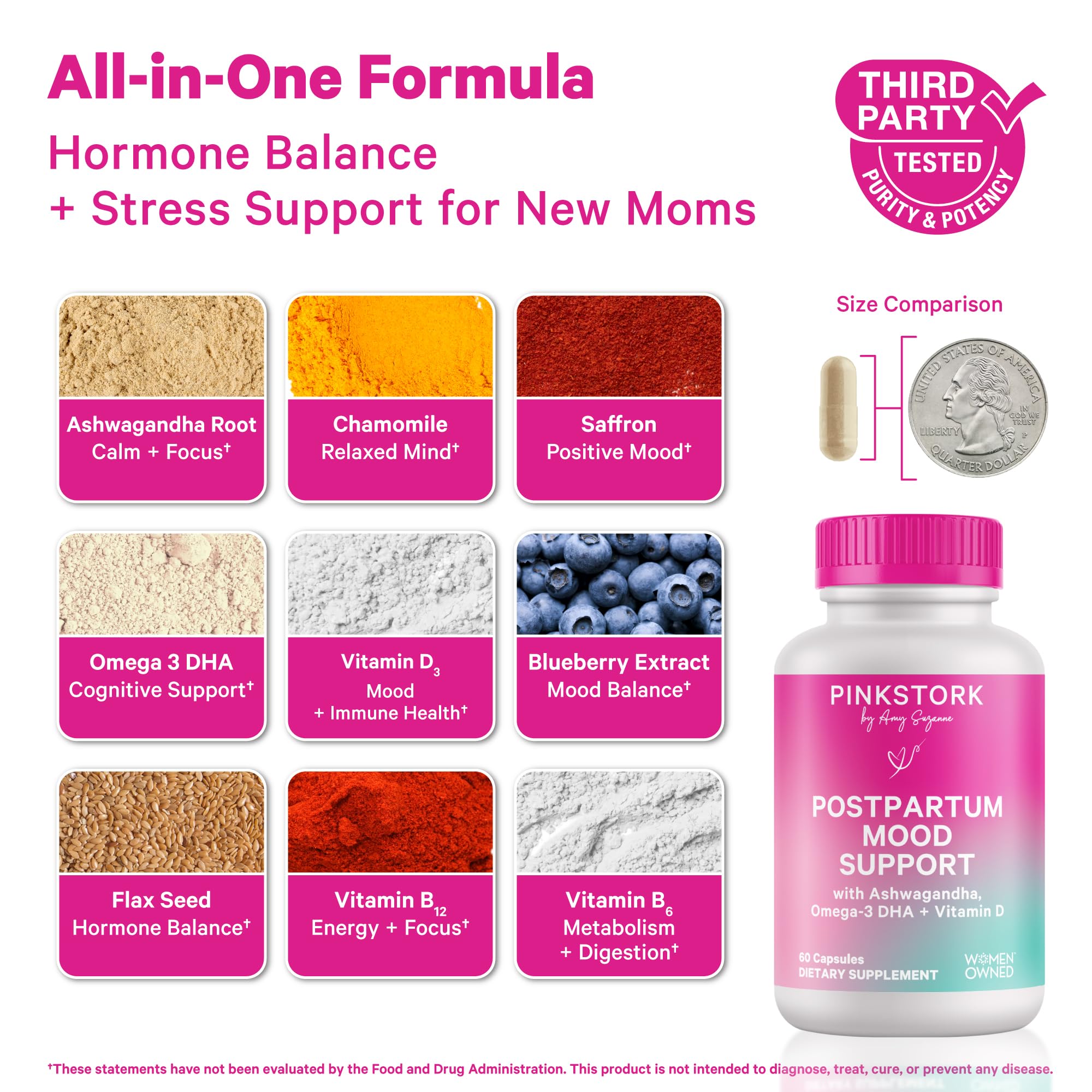Pink Stork Postpartum Ashwagandha et DHA: soutien potentiel contre le stress quotidien.