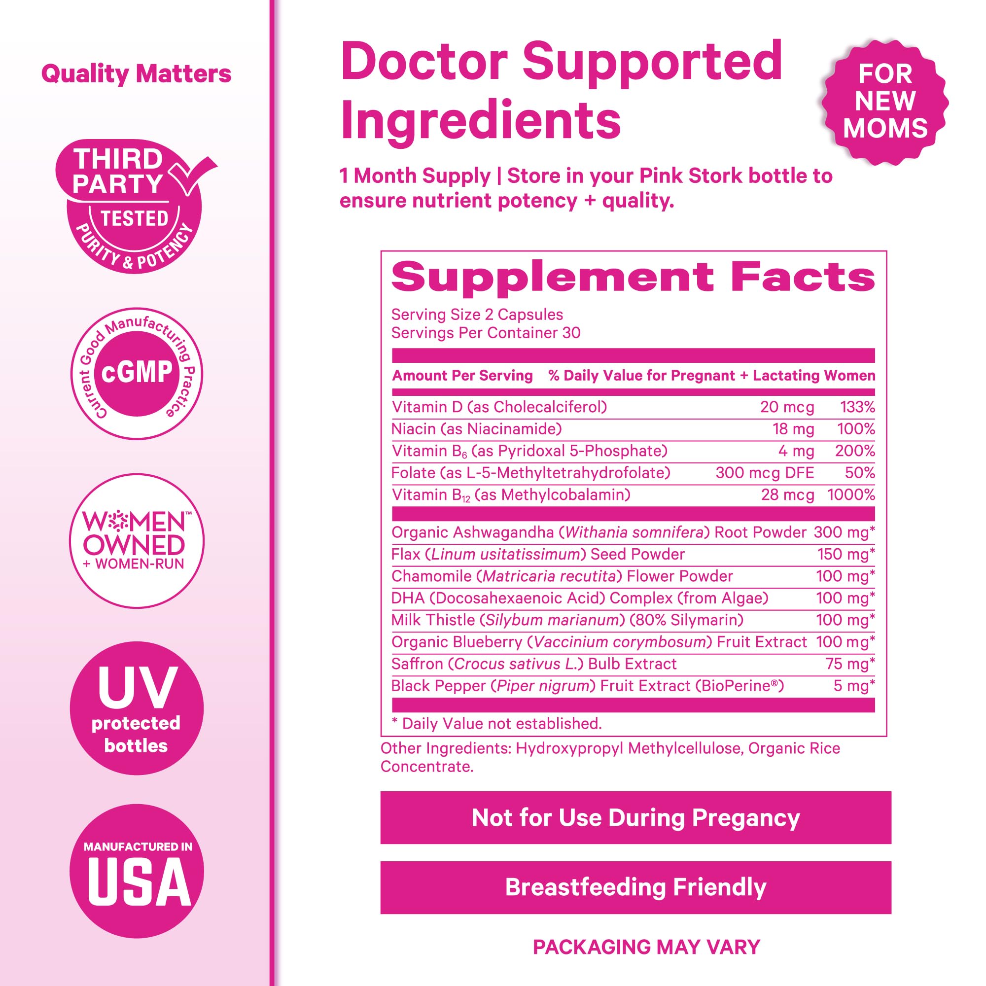 Pink Stork Postpartum DHA et lin: oméga-3 essentiels pour le rythme.