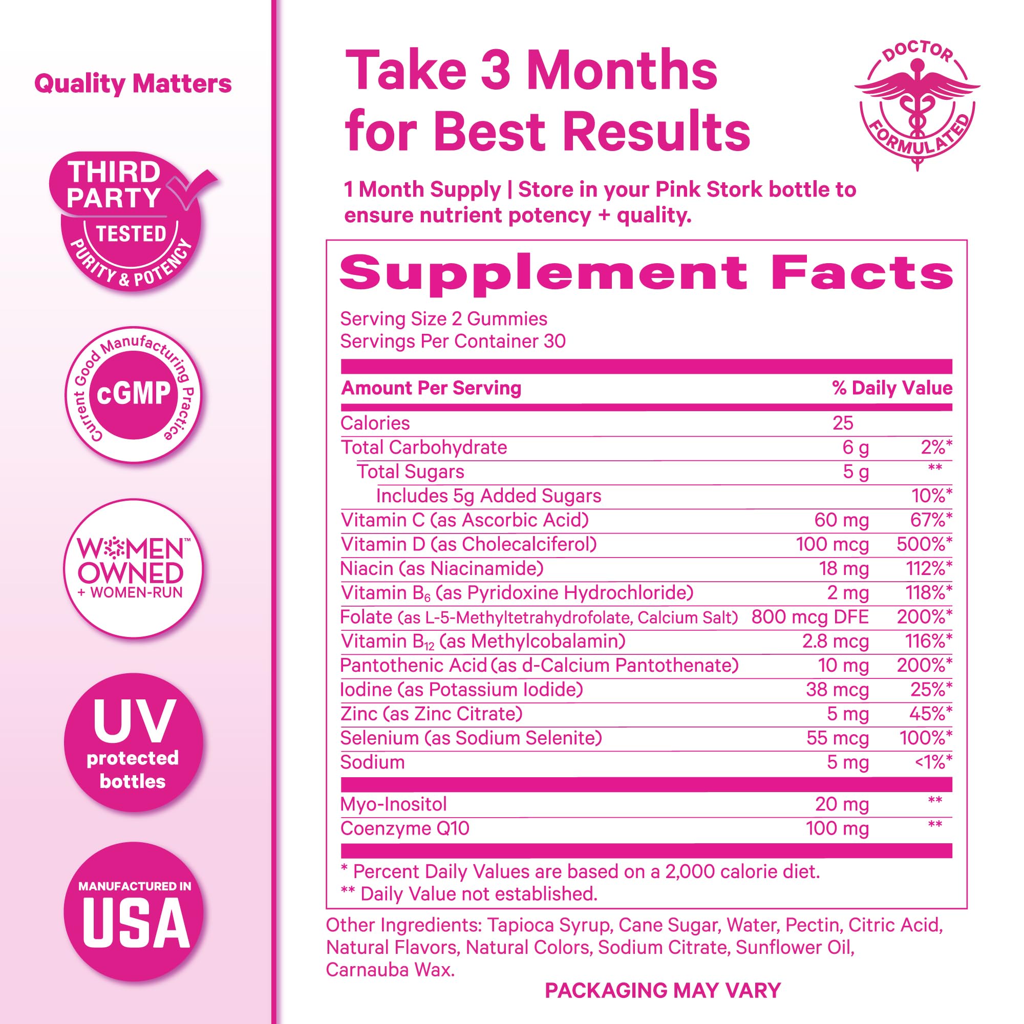 Gommes Pink Stork Premium Fertilité sans OGM respectant la routine préconception.