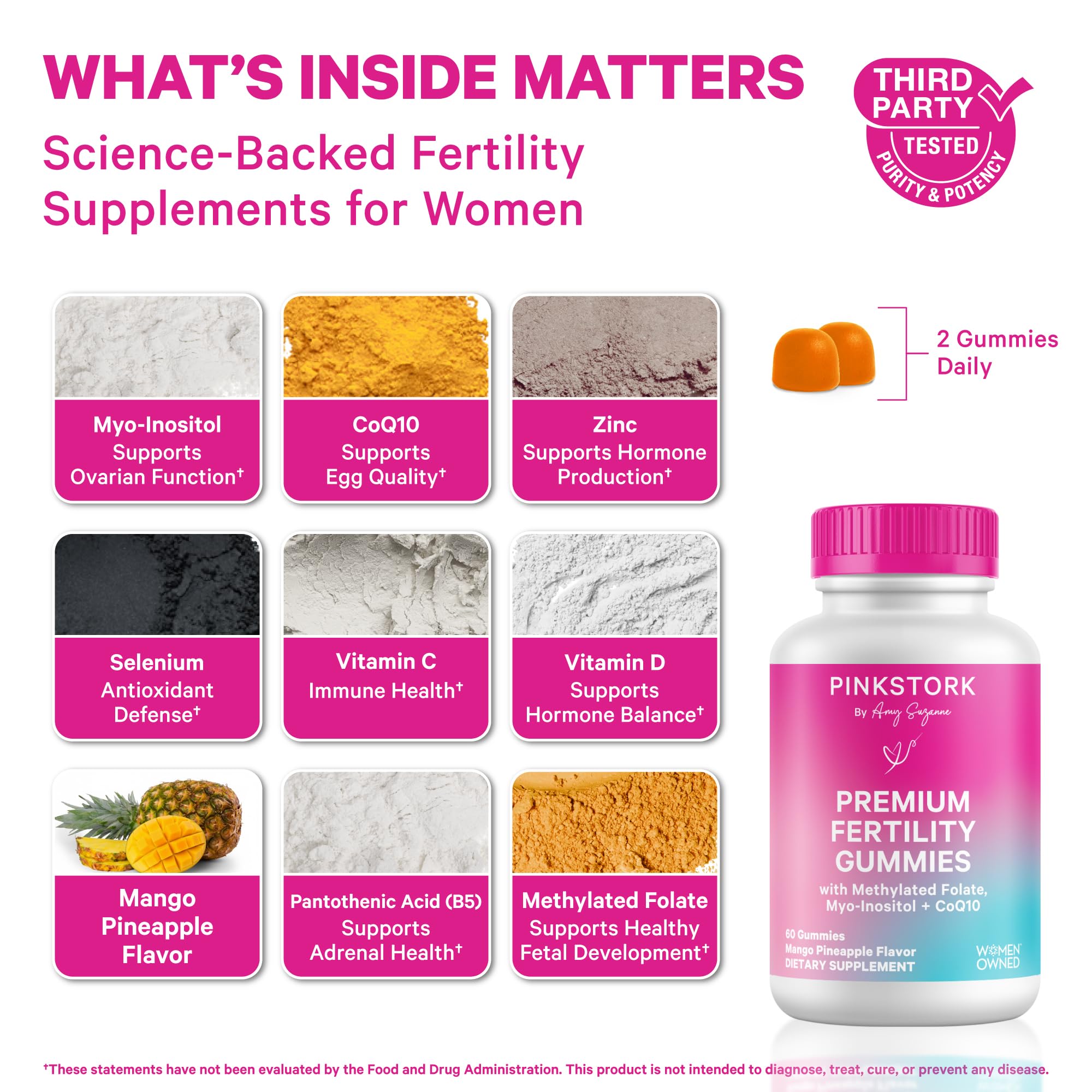 Gommes Pink Stork Premium Fertilité au goût mangue-ananas, plaisir quotidien et soutien potentiel.