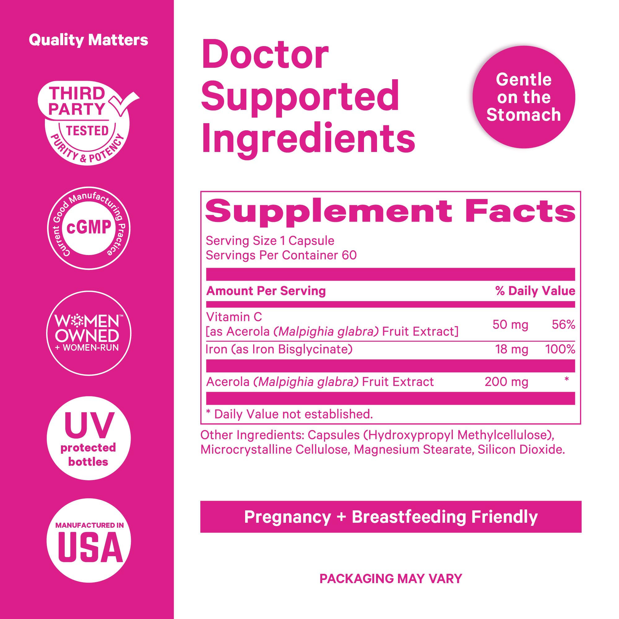 Pink Stork Fer Prénatal capsules avec vitamine C pour absorption améliorée.