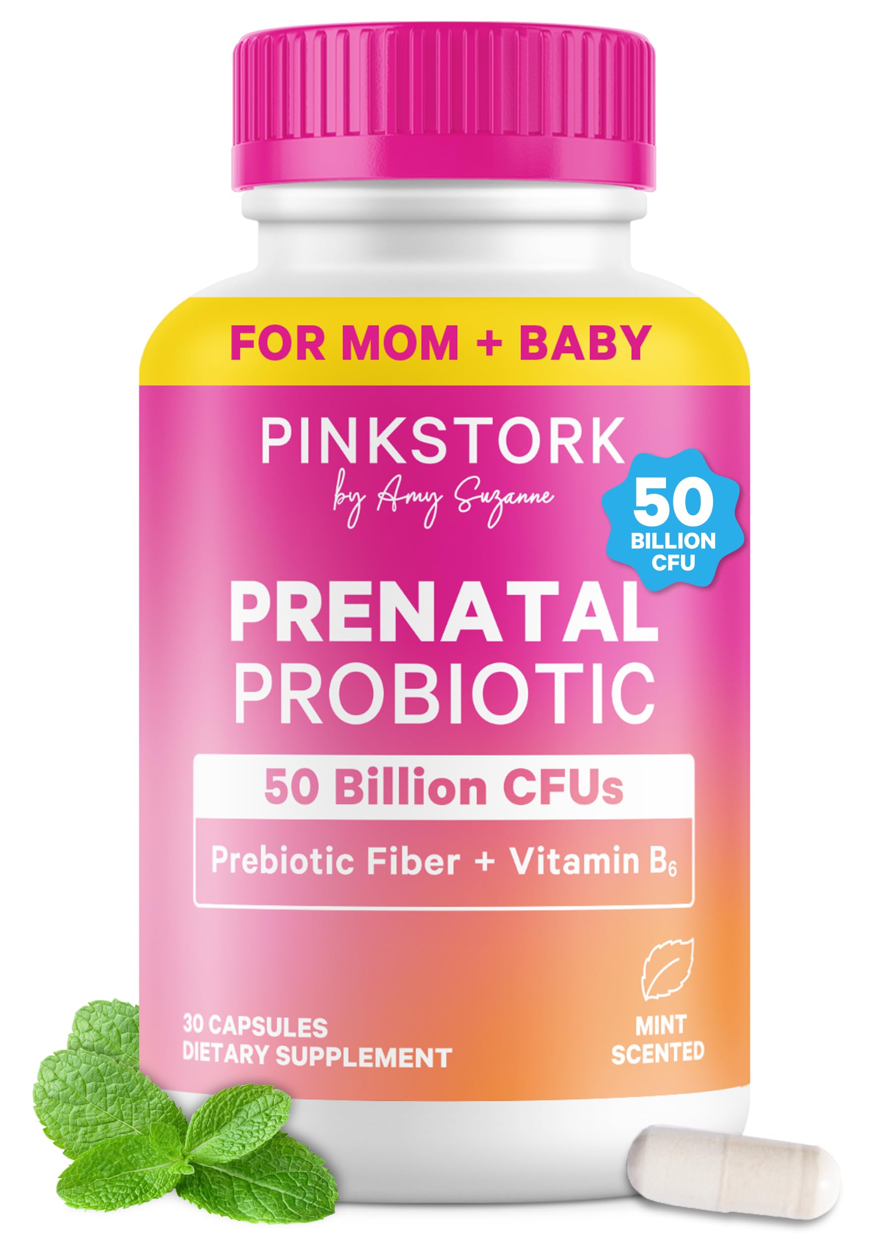 Pink Stork Probiotique prénatal en bouteille menthe pour digestion en douceur.