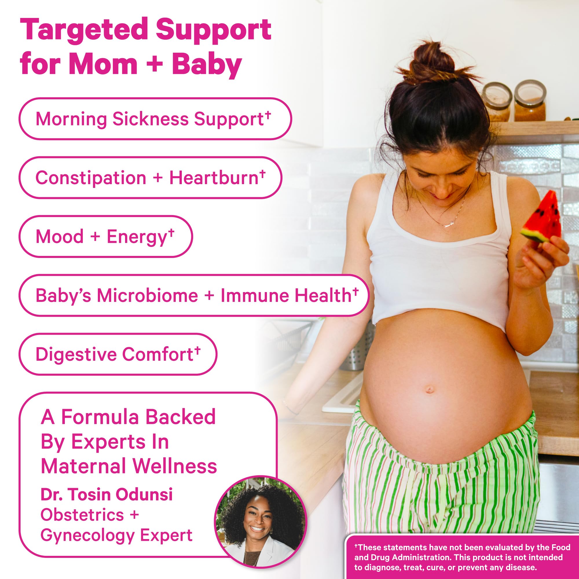 Mélange 7 souches Pink Stork pour soutien intestinal prénatal.