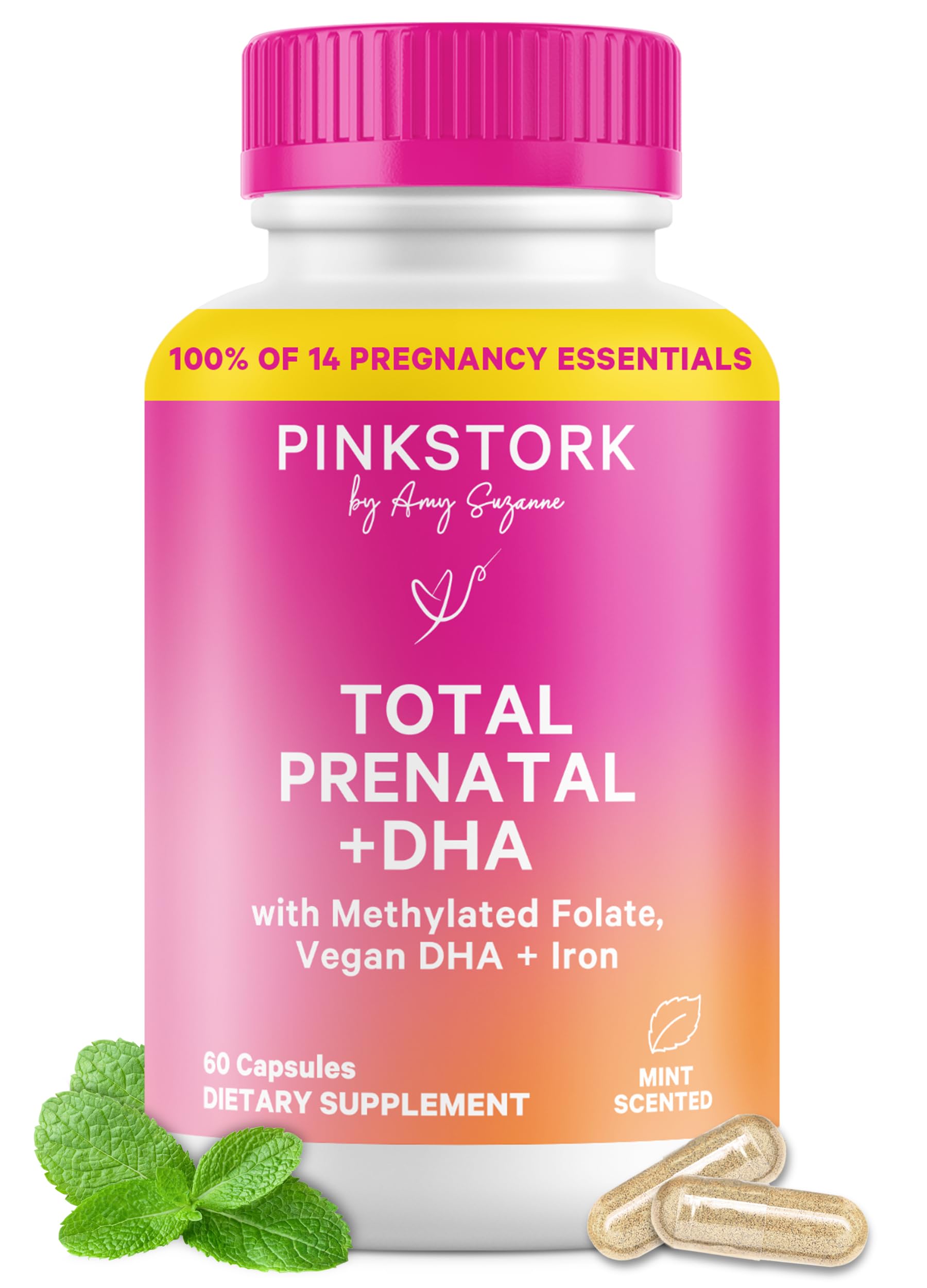 Pink Stork Total Prénatal DHA en bouteille, apport potentiel au développement infantile.