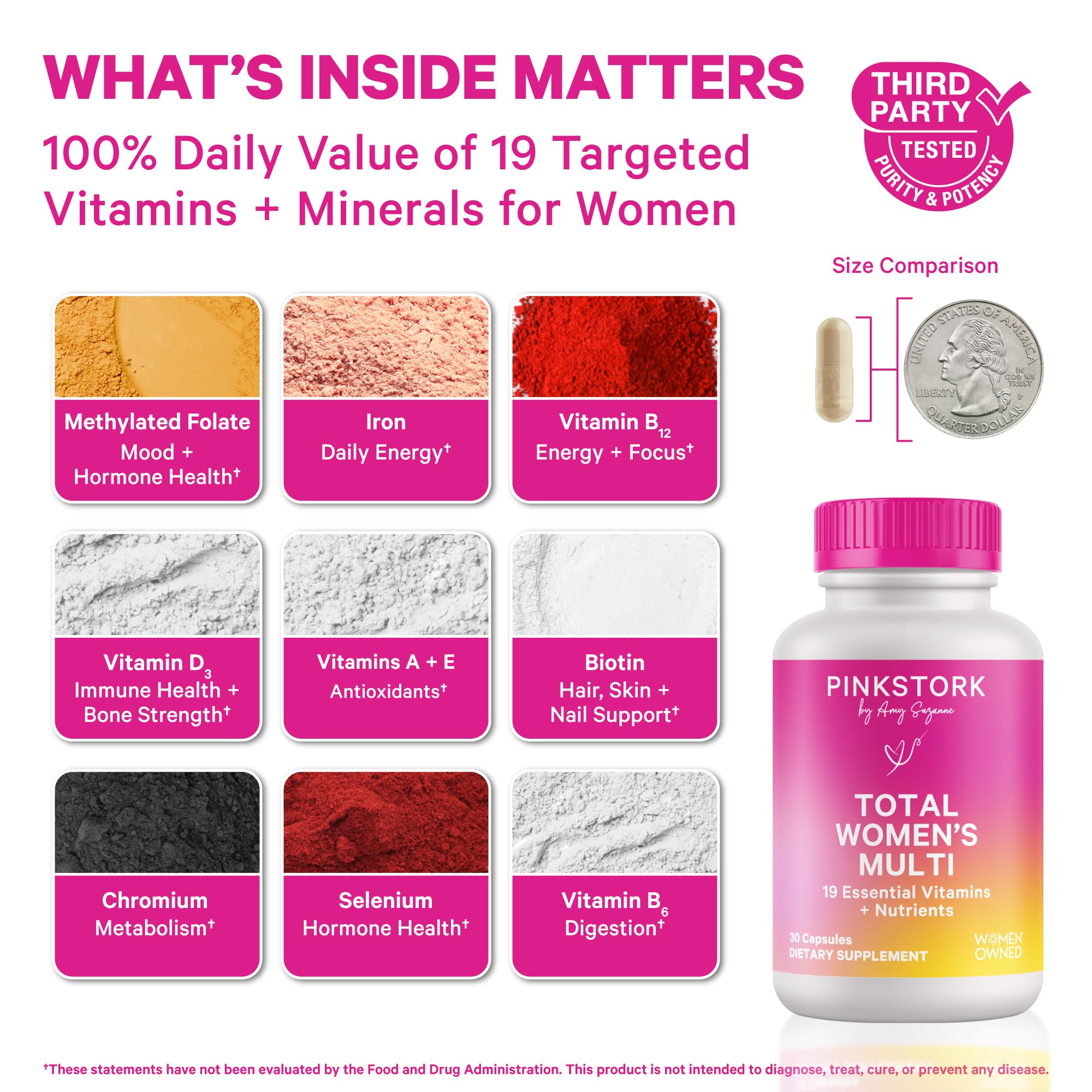 Pink Stork Total Women's Multivitamin — capsule quotidienne unique facilite la routine bien-être.