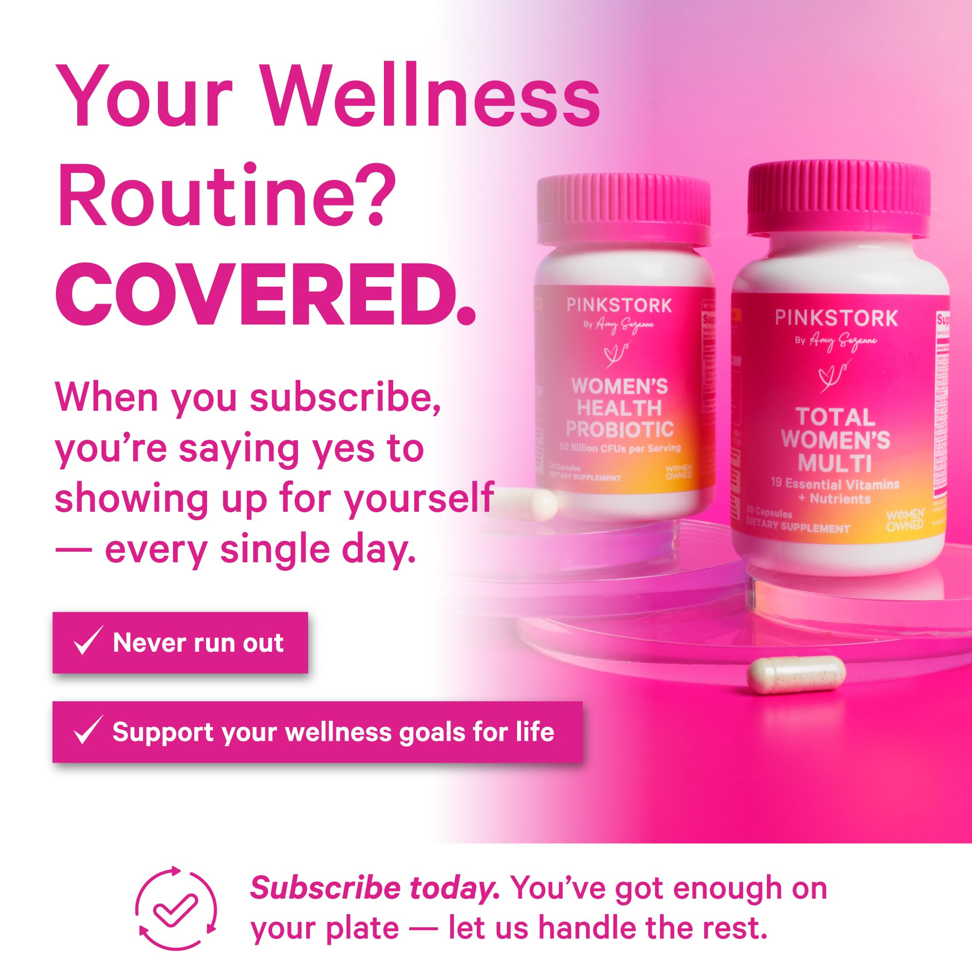 Pink Stork Total Women's Multivitamin — vitamines essentielles visibles dans la formule.