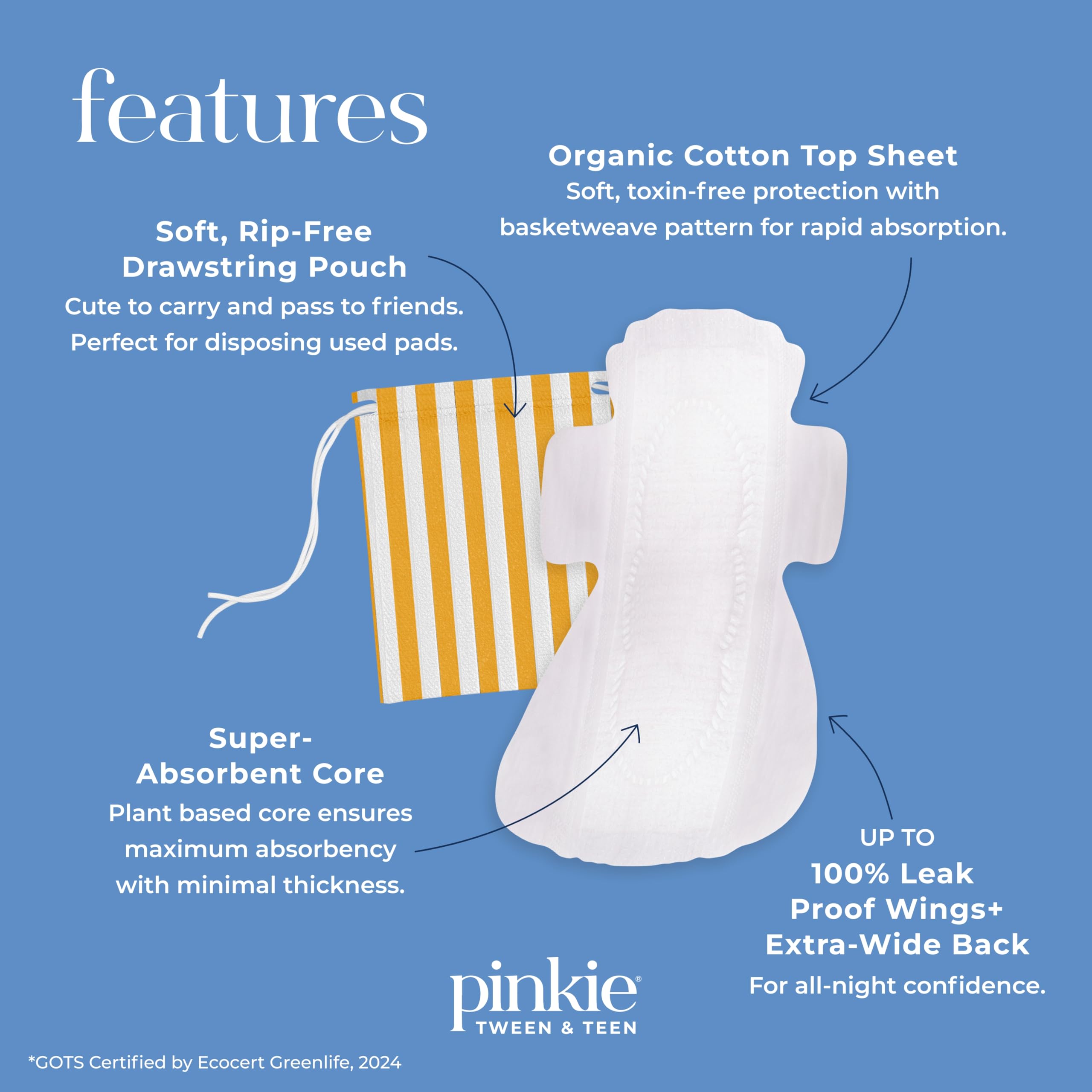 Pinkie Period Starter Pads tissu coton bio, douceur hypoallergénique