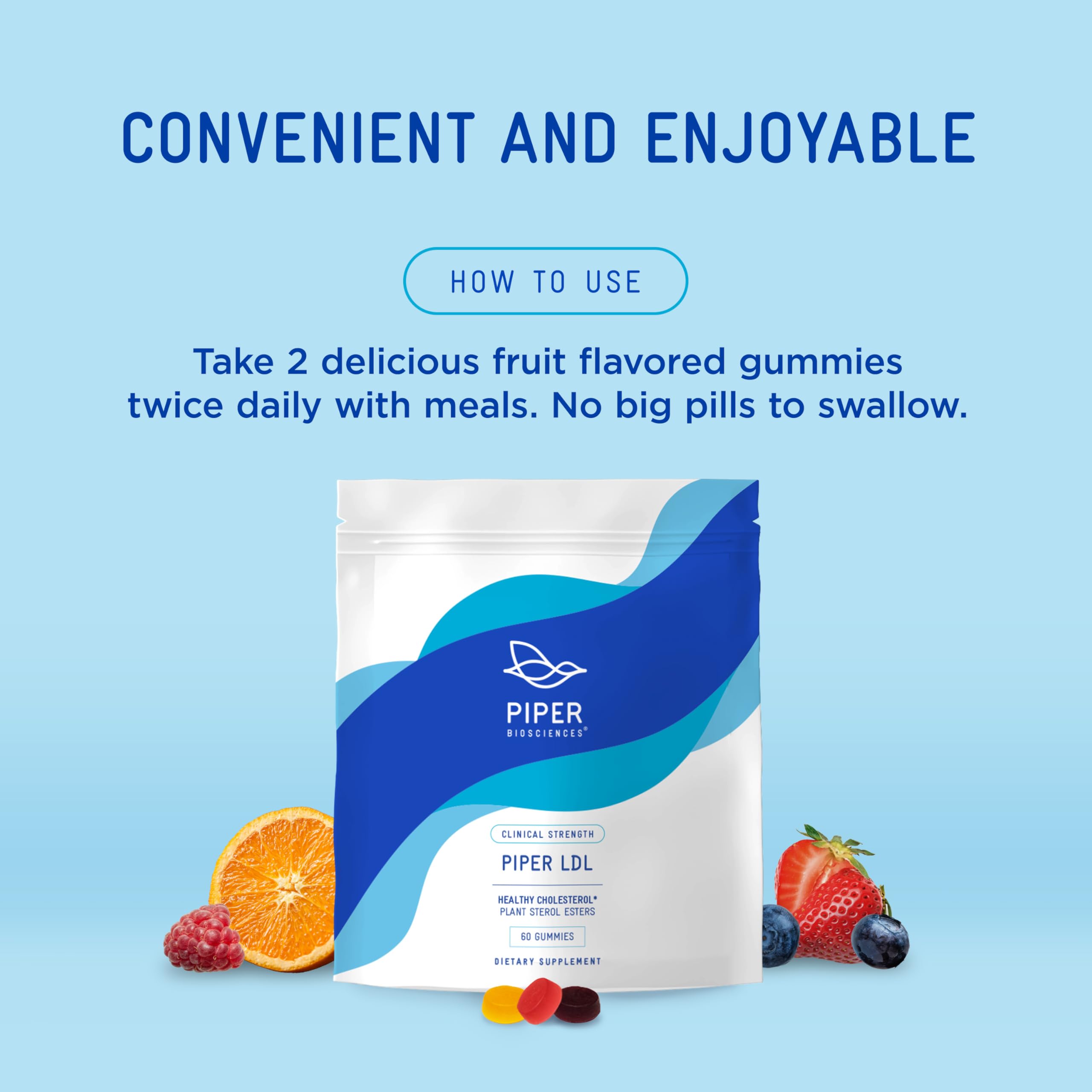 Deux sachets de 60 gommes Piper LDL, format pratique pour 30 jours.