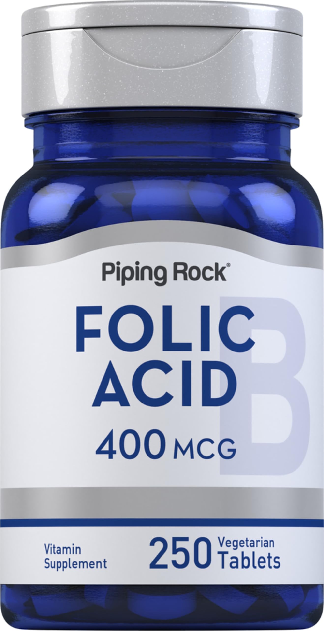 Piping Rock Acide Folique - bouteille affichant la dose quotidienne de 400 mcg.