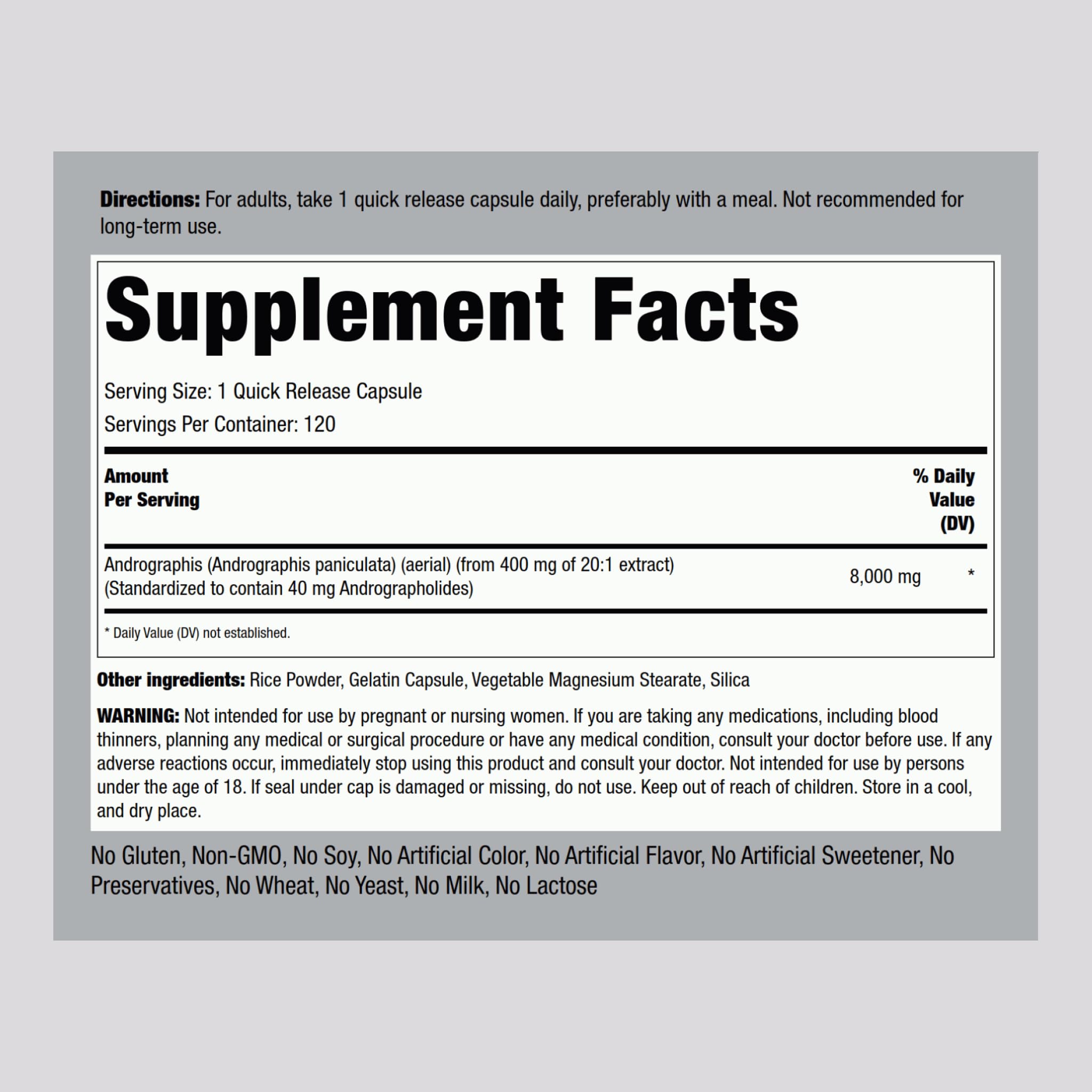 Piping Rock Andrographis Paniculata Extract, capsules détaillées, formulation concentrée pour une utilisation quotidienne.