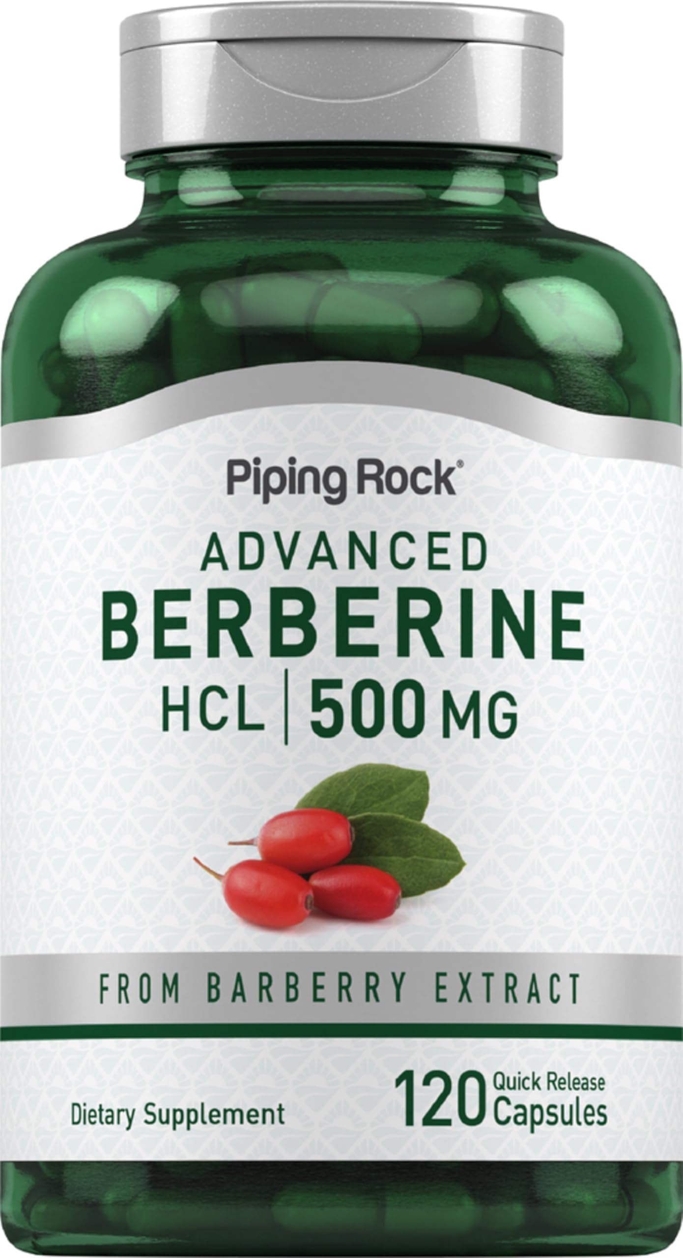 Piping Rock Berberine HCL 500 mg – bouteille compacte pour utilisation quotidienne.