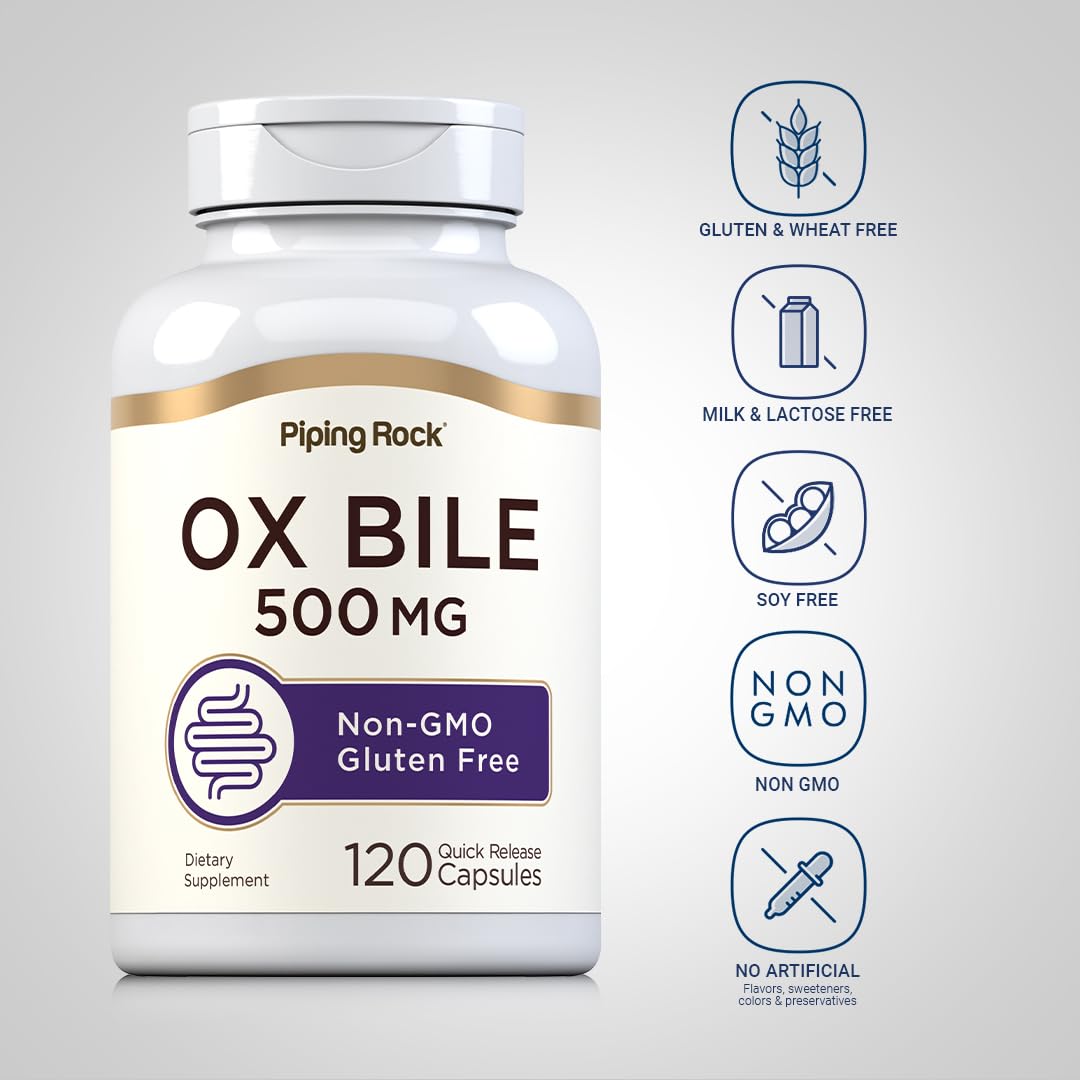 Étiquette Piping Rock Bile d’Ox 500 mg, affichage clair et sans allergènes.