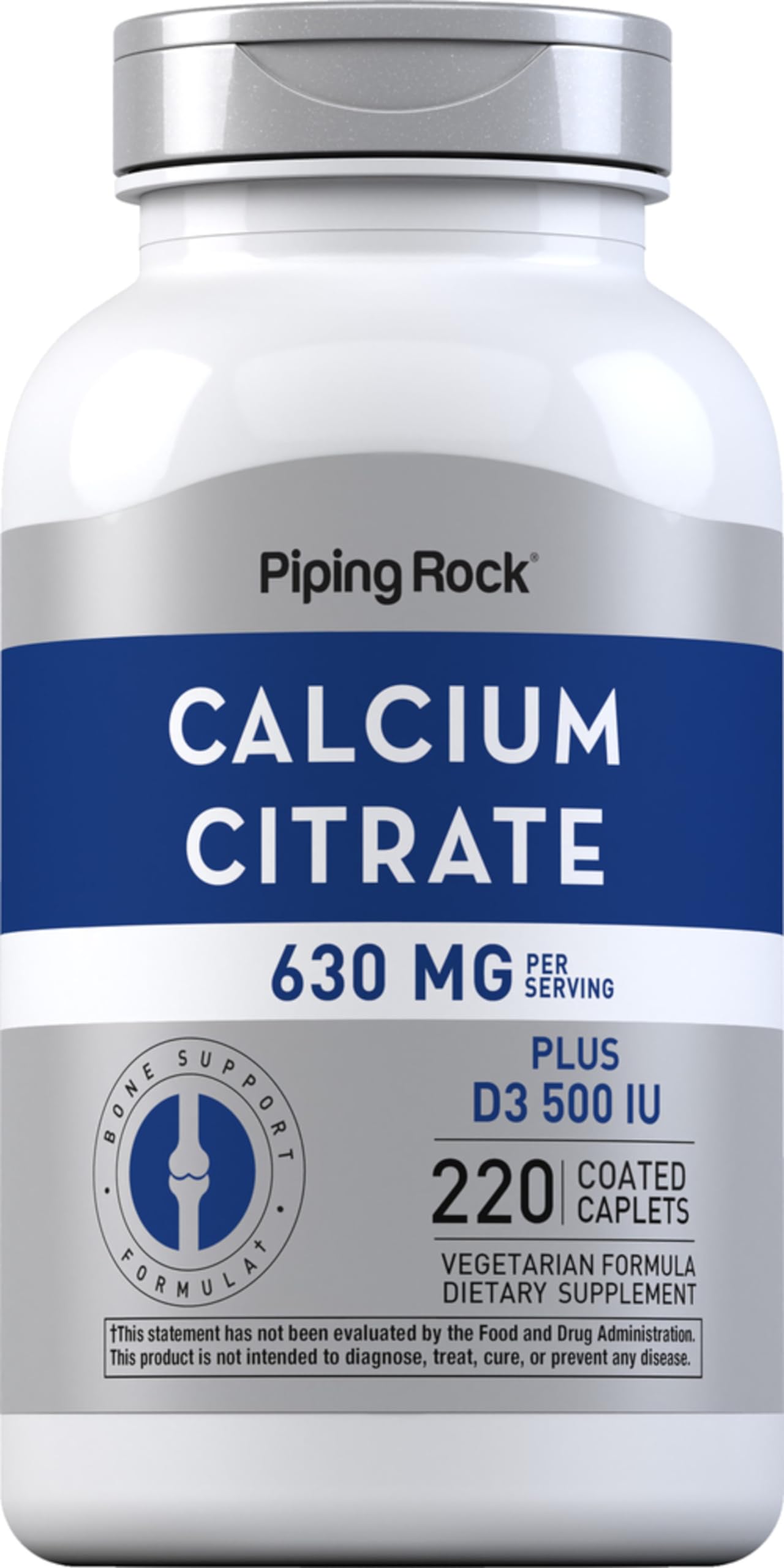 Piping Rock Calcium Citrate avec D3 – bouteille de caplets prête à la prise quotidienne.