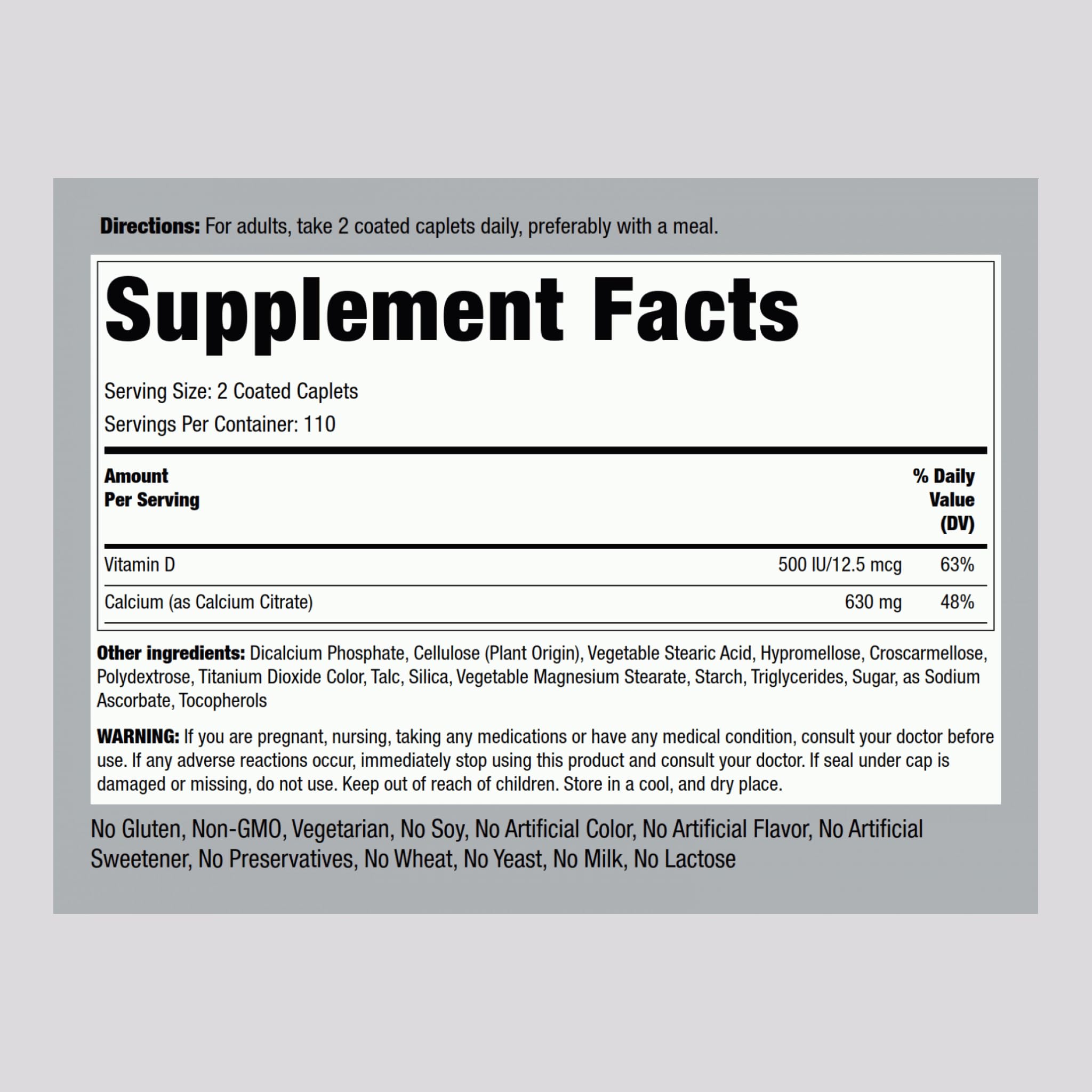 Piping Rock Calcium Citrate D3 – étiquette claire reflétant une formule végétarienne et sans gluten.