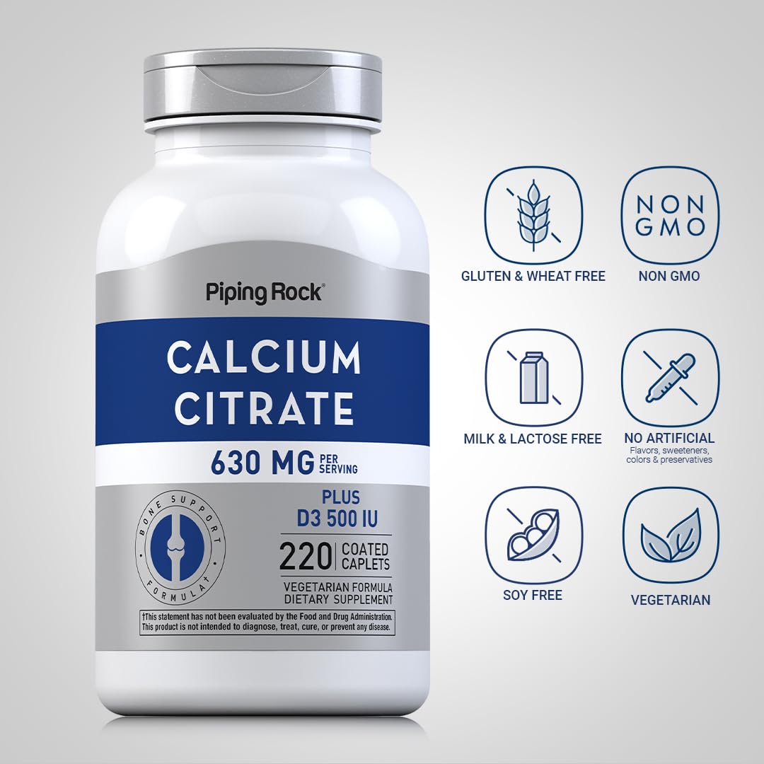 Piping Rock Calcium Citrate D3 – tablettes enrobées faciles à avaler.