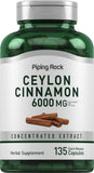 Bouteille Piping Rock Ceylon Cinnamon 6000 mg prête à l usage quotidien.