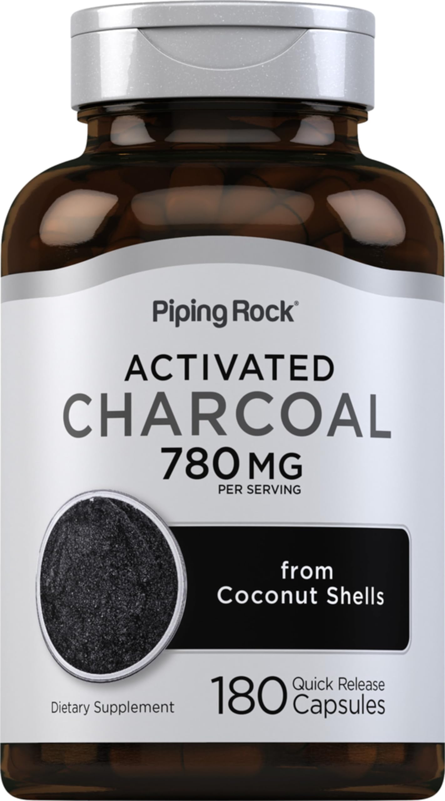 Piping Rock Charbon Actif – capsules 780 mg pour une absorption naturelle.