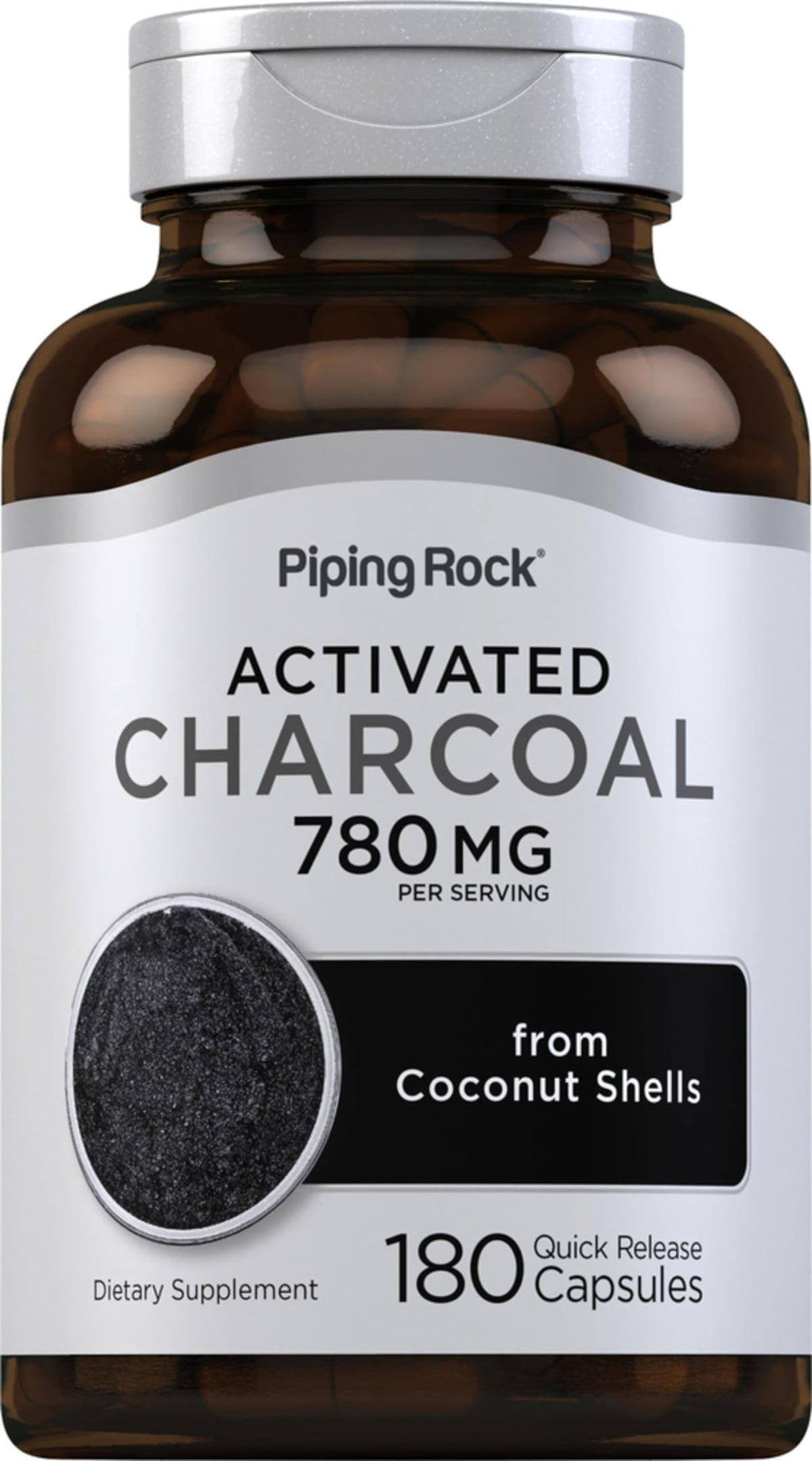 Piping Rock Charbon Actif – capsules 780 mg pour une absorption naturelle.