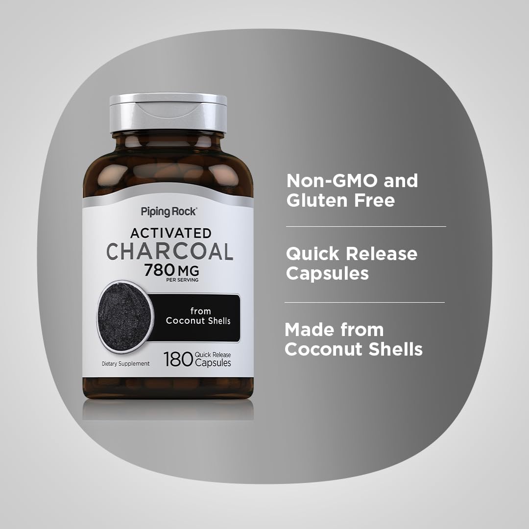 Piping Rock Charbon Actif – étiquette sans OGM et sans gluten.
